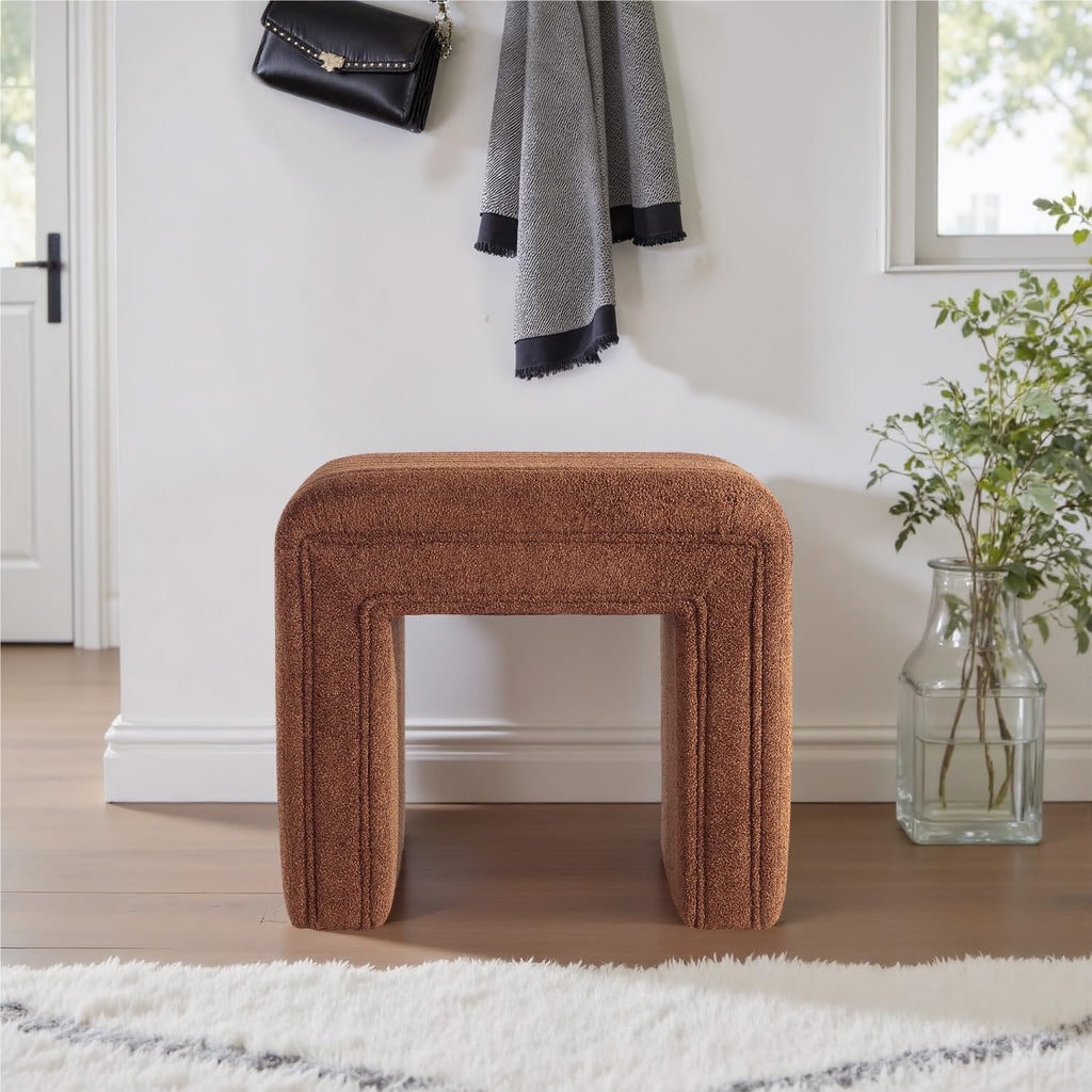 Get Set Style Vanity Stool Chair,Modern Boucle Ottoman Foot Stool with Wooden Legs Sofa Bench Footstool Extra Seat for Vanity,Makeup Room,Living Room,Entryway,Office (Fully Assembled) (Brown)