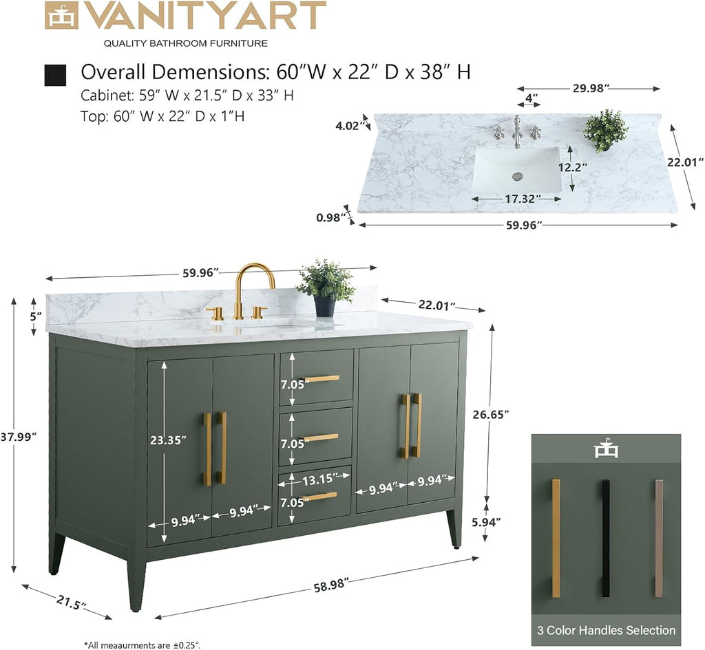 Vanity Art 60 inch Bathroom Vanity with Single Sink & Ceramic Top, Vanity Cabinet with Soft-Closing Doors, Drawers, Solid Wood Frame, Vintage Green, VA9060-SVG-BN1