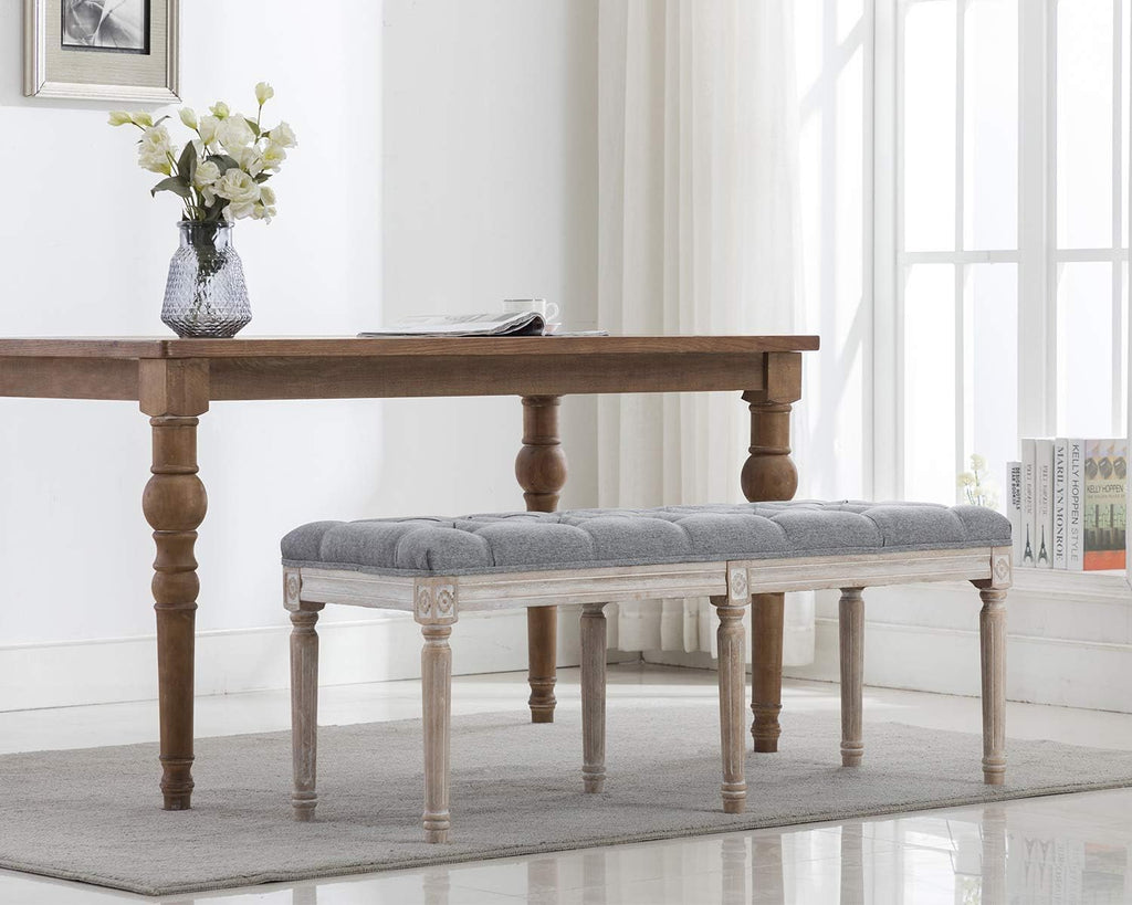 Kmax 45' Upholstered Dining Room Bench, Rustic Living Room Ottoman Bench with Carved Pattern & Rustic White Brushed Rubber Wood Legs, Gray