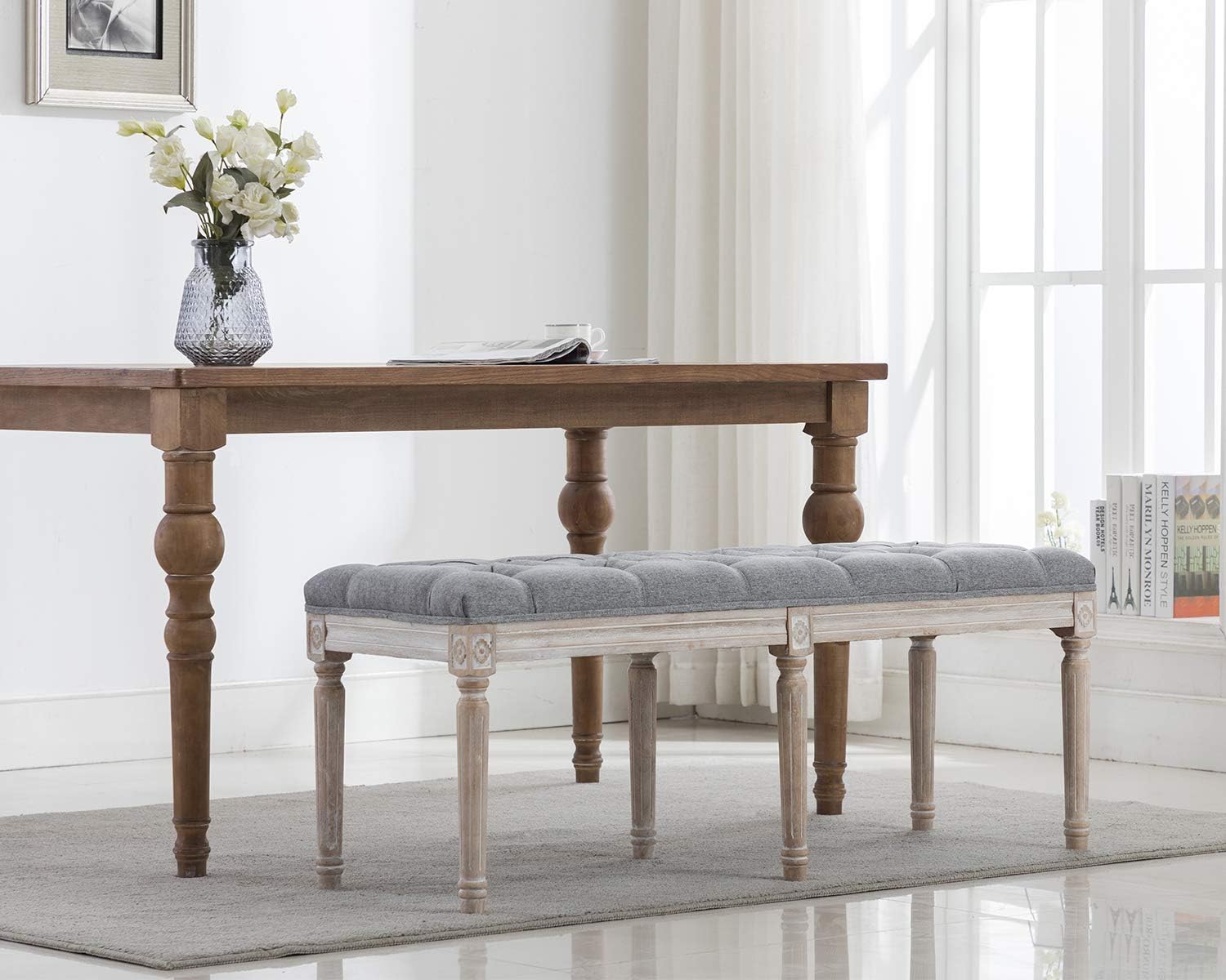 Kmax 45' Upholstered Dining Room Bench, Rustic Living Room Ottoman Bench with Carved Pattern & Rustic White Brushed Rubber Wood Legs, Gray