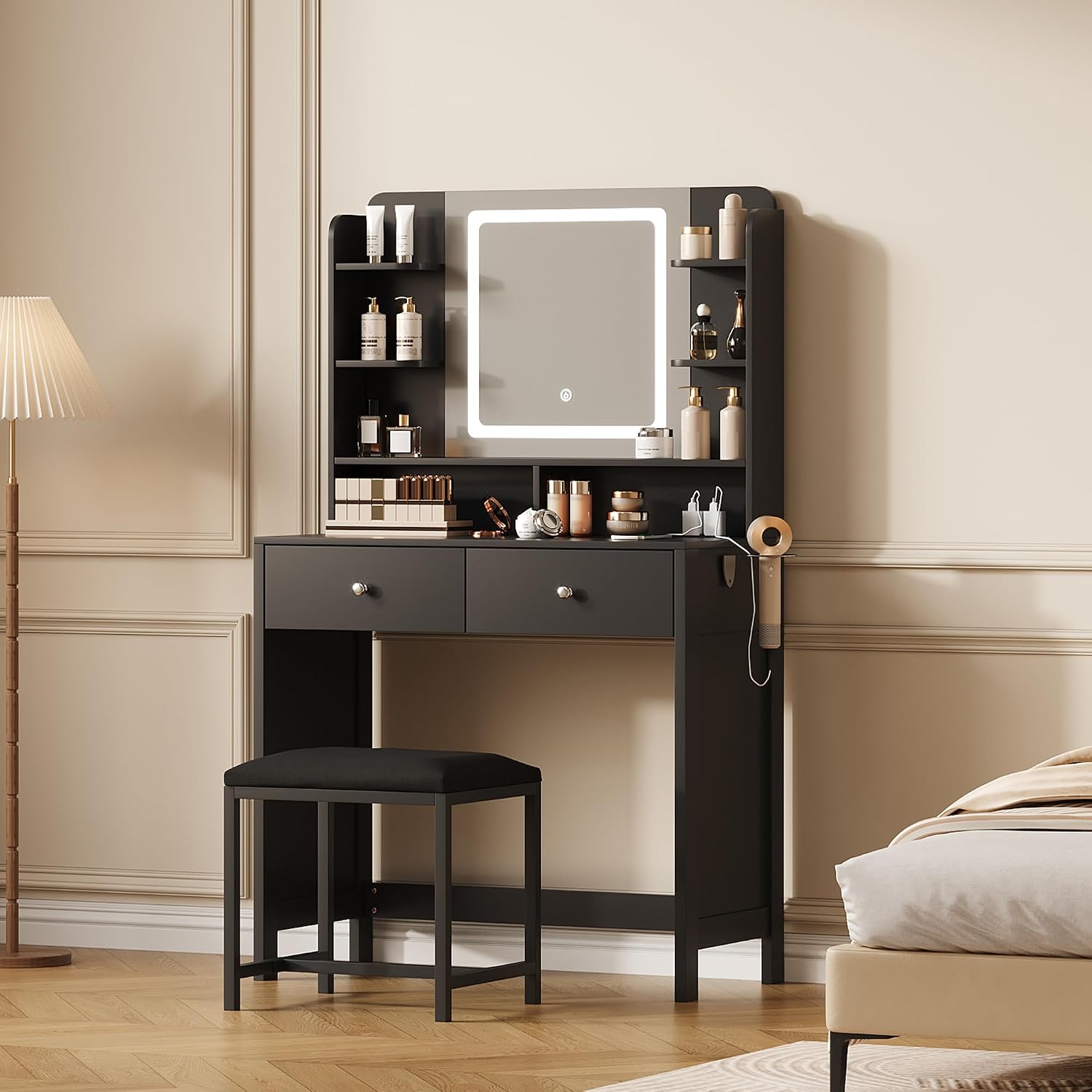 Black Vanity with Lighted Mirror, 8 Shelves, 2 Drawers, Charging Station, Hair Dryer Holder & Stool, LED Mirror with 3 Light Modes