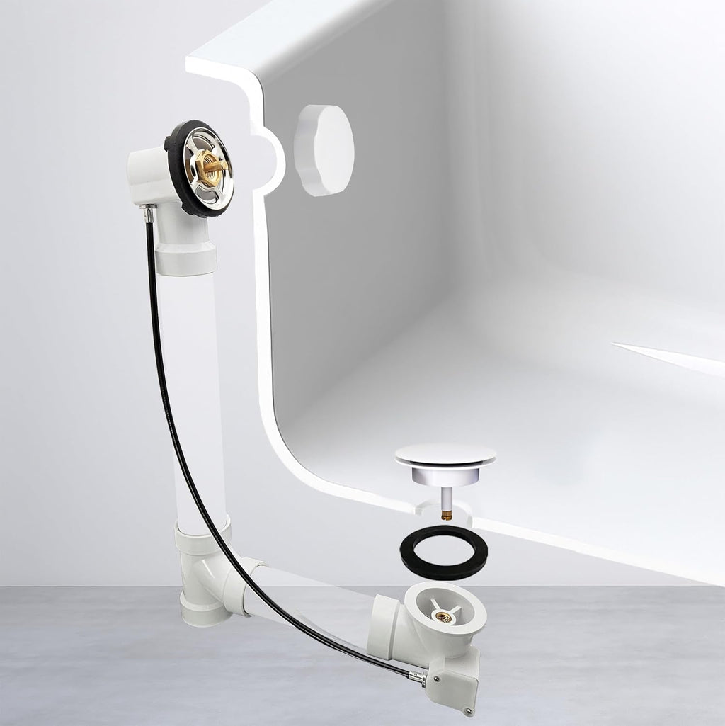 Westbrass A50P45-50 45' SCH. 40 PVC Cable Driven Bath Drain Trim Kit with Rotary Overflow Cover Knob and Pop-Up Stopper, White