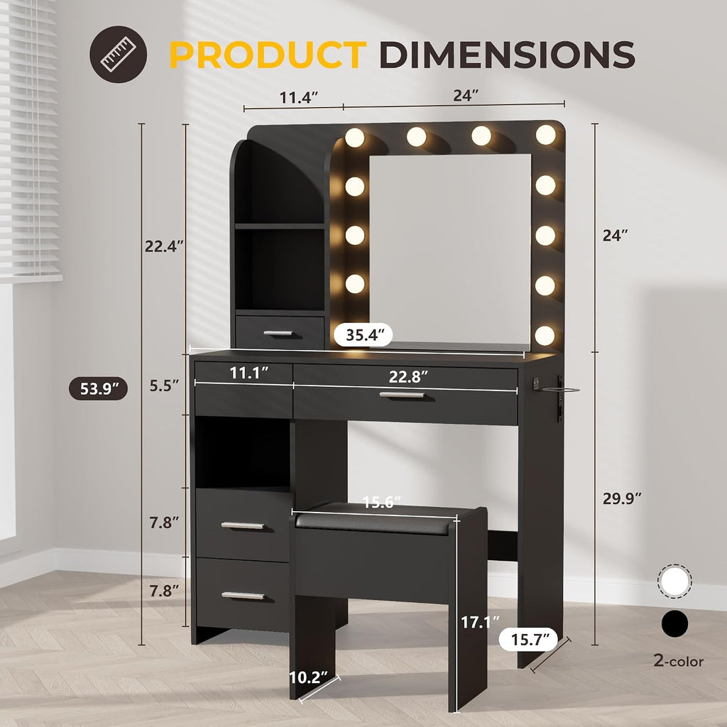 Otterease Vanity Desk with LED Lighted Mirror&Power Outlet, 3 Lighting Colors Makeup Vanity Desk with 5 Large Drawers and 3 Storage Shelves, Black Vanity with Storage Stool for Bedroom