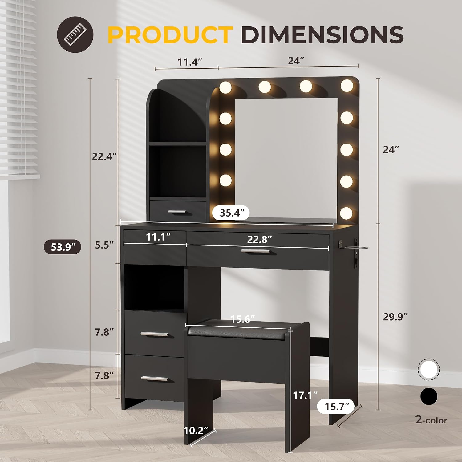 Otterease Vanity Desk with LED Lighted Mirror&Power Outlet, 3 Lighting Colors Makeup Vanity Desk with 5 Large Drawers and 3 Storage Shelves, Black Vanity with Storage Stool for Bedroom