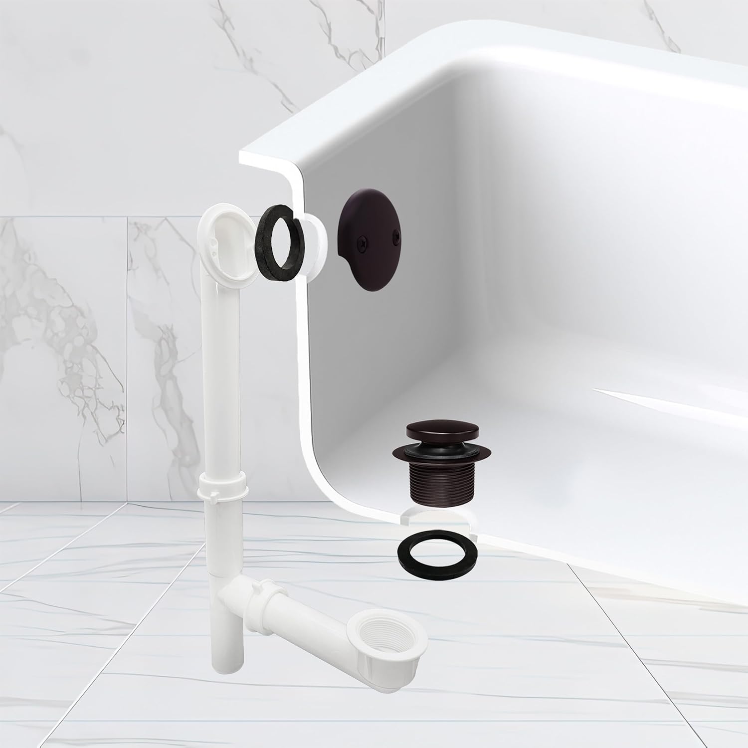 Westbrass 593244-4-12 14' x 1-1/2' White Tubular Bathtub Waste & Overflow Assembly with Tip-Toe Drain Plug and 2-Hole Faceplate, Oil Rubbed Bronze (4-Pack)