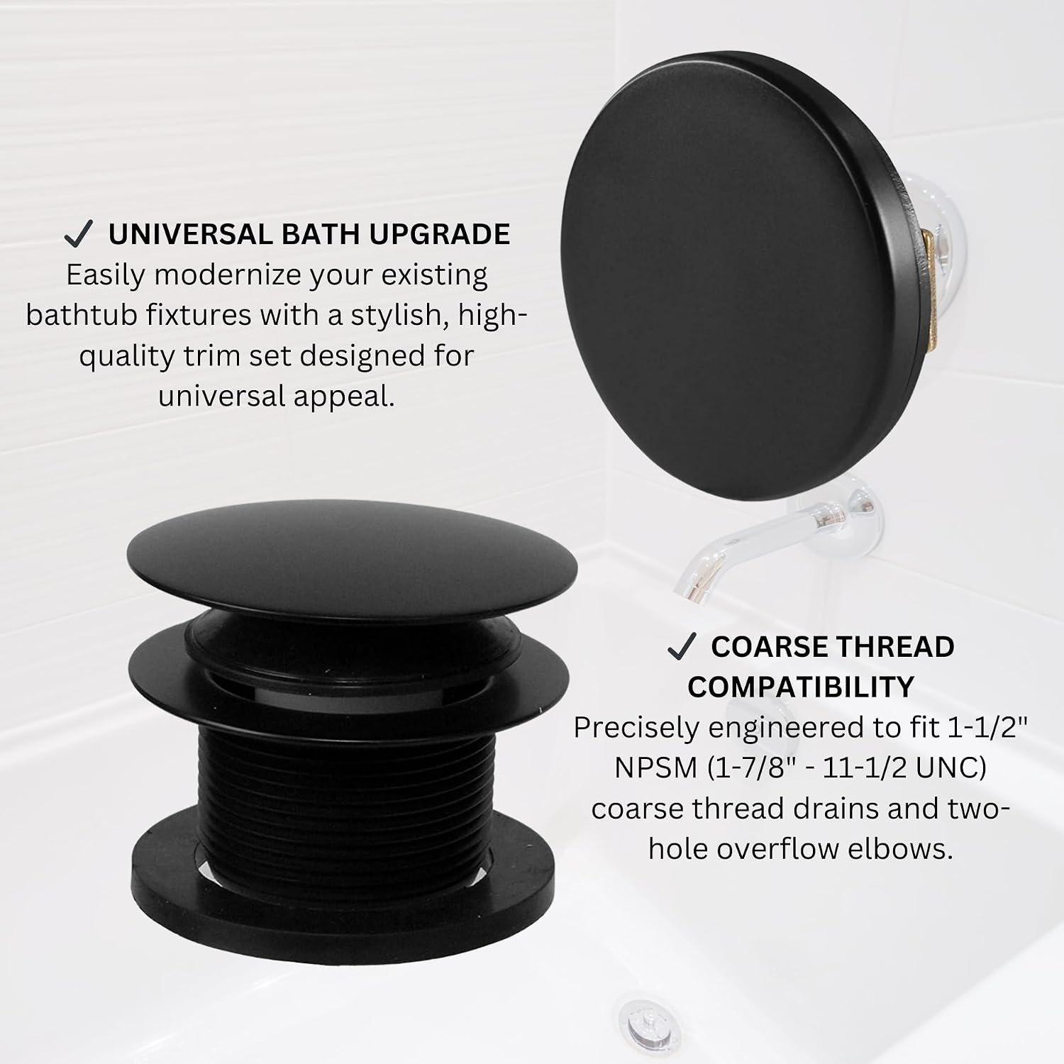 Westbrass D398RK-50-62 1-1/2' NPSM Coarse Thread Mushroom Tip-Toe Bathtub Drain Stopper with Illusionary Overflow Faceplate, Matte Black (50-Pack)