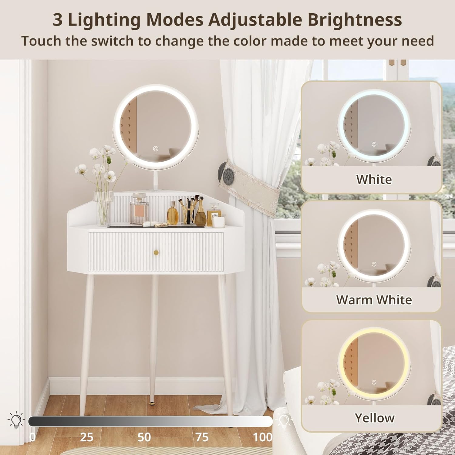 ARTETHYS Corner Vanity Desk with Retractable and Rotating Mirror and Lights Small Modern White Makeup Vanity Set with Glass Top for Women Compact Girls Dressing Table with Storage for Small Space
