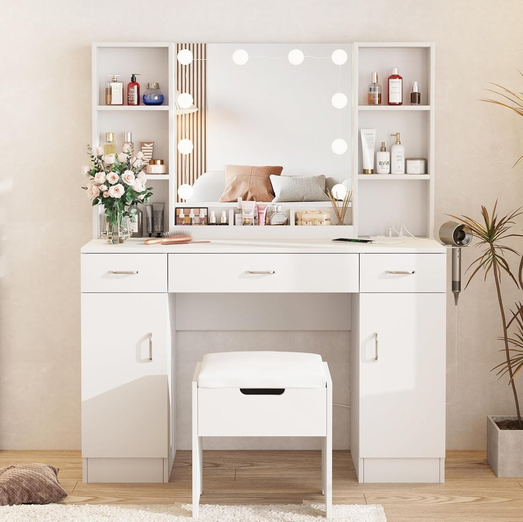 Vabches Makeup Vanity Table with Lighted Mirror & Power Strip, Large Vanity Set Vanity Desk with Storage Stool, 3 Lighting Modes, Brightness Adjustable, 45.2in(L)