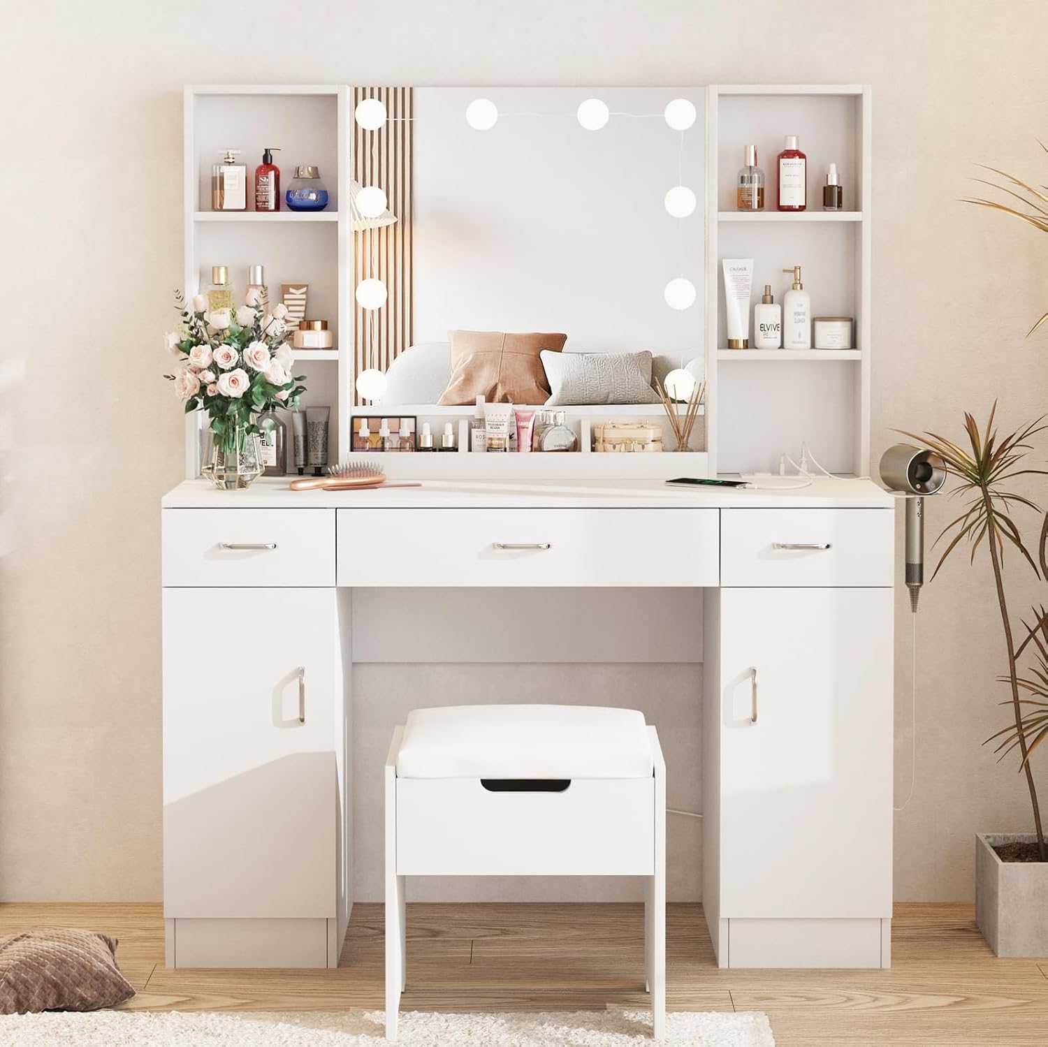 Vabches Makeup Vanity Table with Lighted Mirror & Power Strip, Large Vanity Set Vanity Desk with Storage Stool, 3 Lighting Modes, Brightness Adjustable, 45.2in(L)
