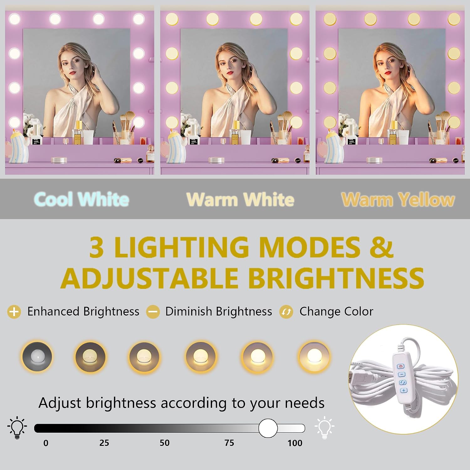 Vanity Desk with Mirror and Lights, 43'' Makeup Dressing Table Set with 5 Drawers & Power Outlet, 3 Lighting Modes Brightness Adjustable, Vanity with RGB Ambient Light for Women Girls Bedroom, Purple