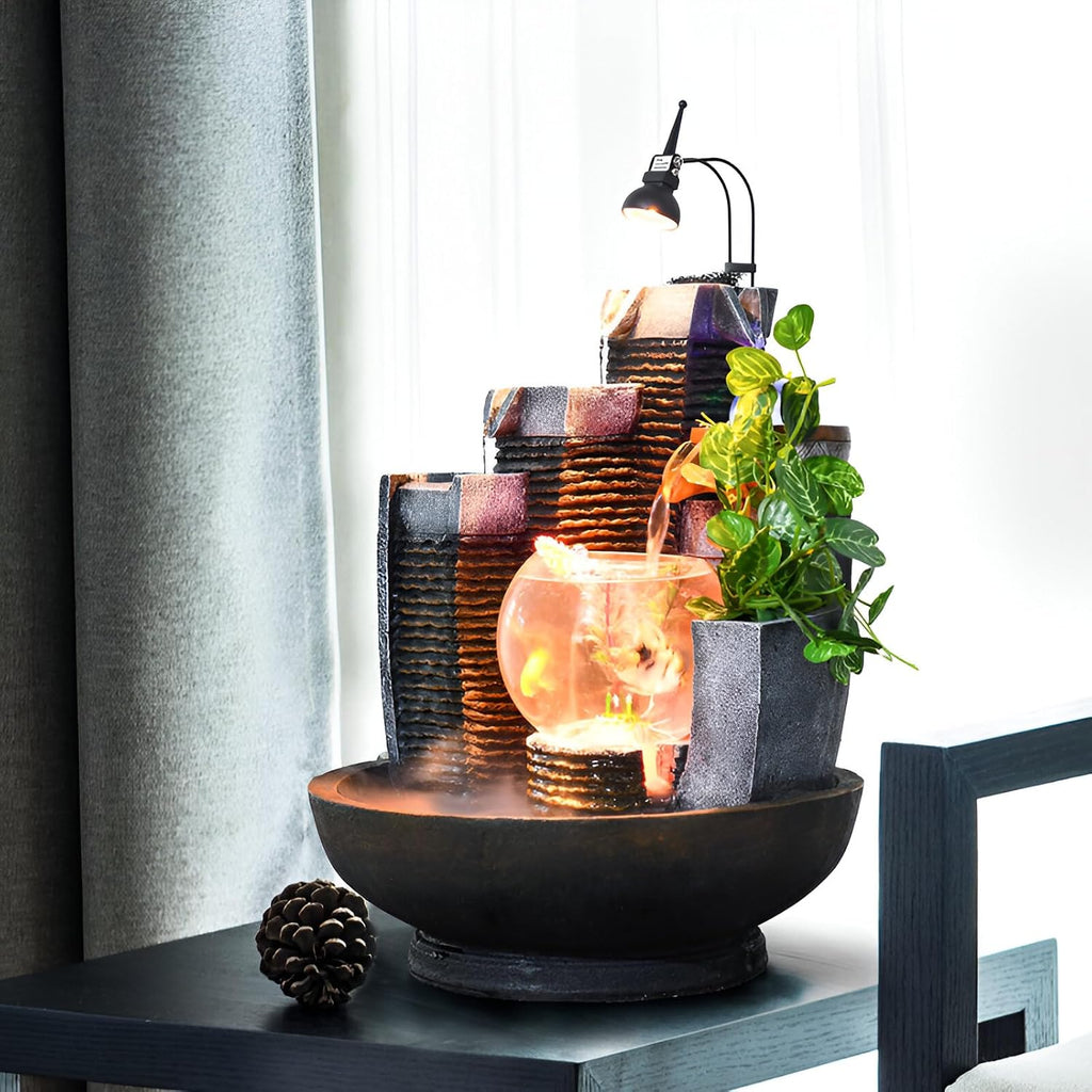 16.93' Indoor Tabletop Fountain with LED Fish Tank, Lighted Crystal Ball & Free 10 Natural Crystals – Water Feature for Home, Office, Entryway & Housewarming Gift (Fish Tank + Spotlight)