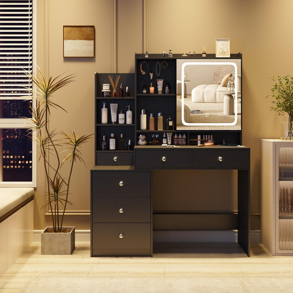 Halitaa Makeup Vanity with Led Mirror and Power Strip,Vanity Desk with Lots Drawers & Openable Mirror,3 Lighting Colors,Open Storage Shelves,Dressing Table for Bedroom,Black