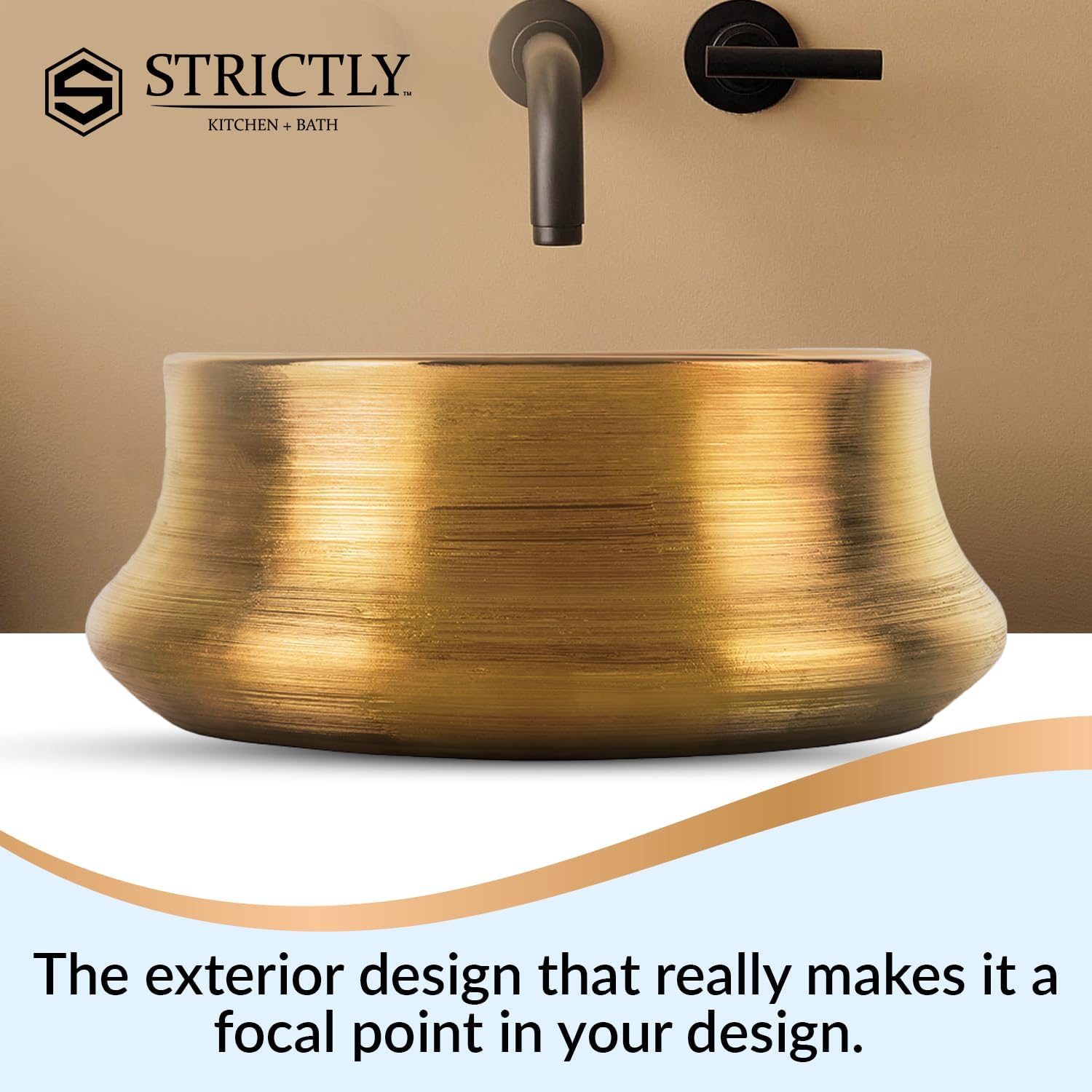 Strictly Sinks 14 Inch Bathroom Vessel Sink – Glossy Gold Ceramic Countertop Bathroom Sink – Easy to Install Above Counter Luxurious Vessel Sink for Bathroom (14″ W x 14″ L x 5-1/2″ H)