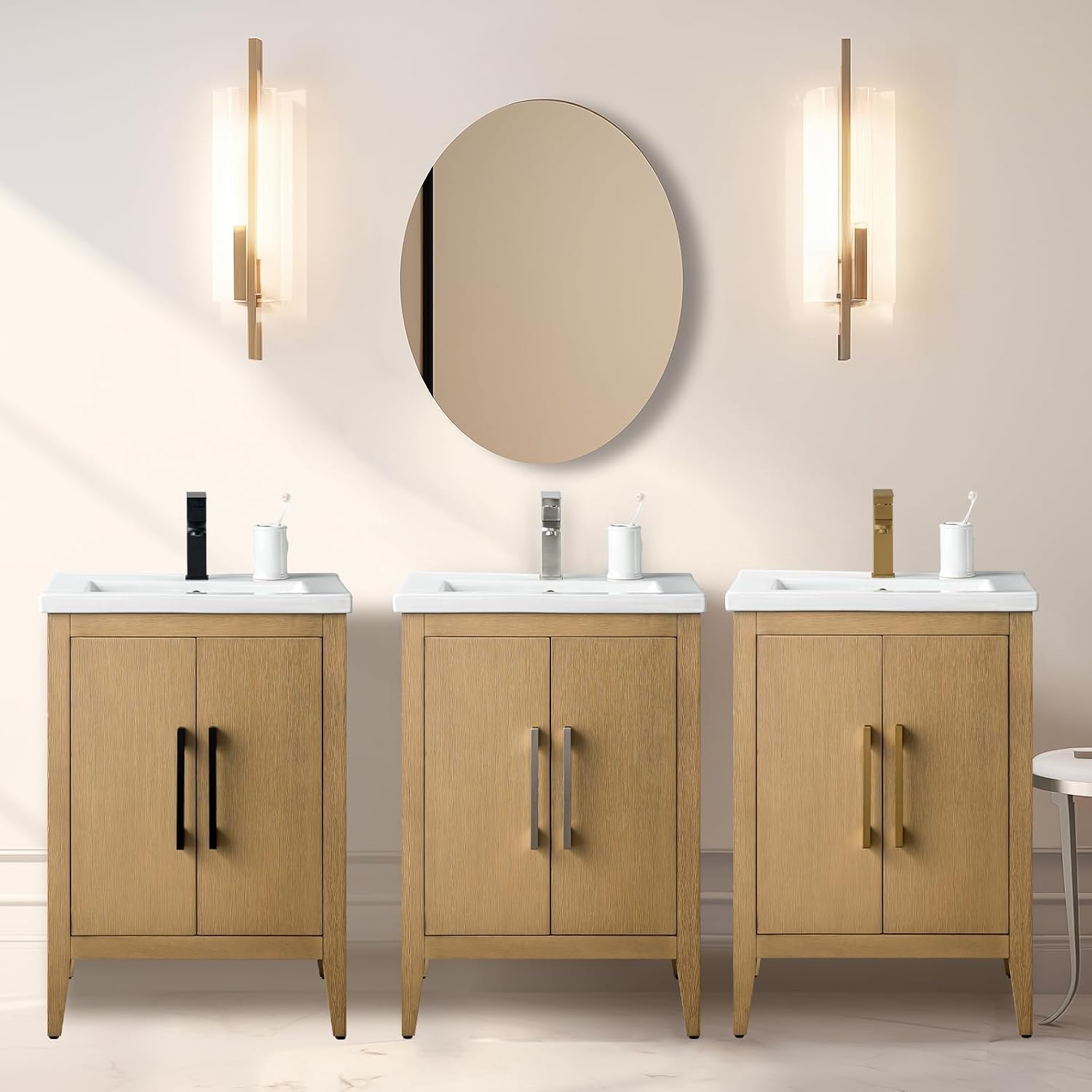 Vanity Art 24 inch Bathroom Vanity with Single Sink & Ceramic Top, Vanity Cabinet with Soft-Closing Doors, Solid Wood Frame, Natural Oak, VA9024-NO-BN1
