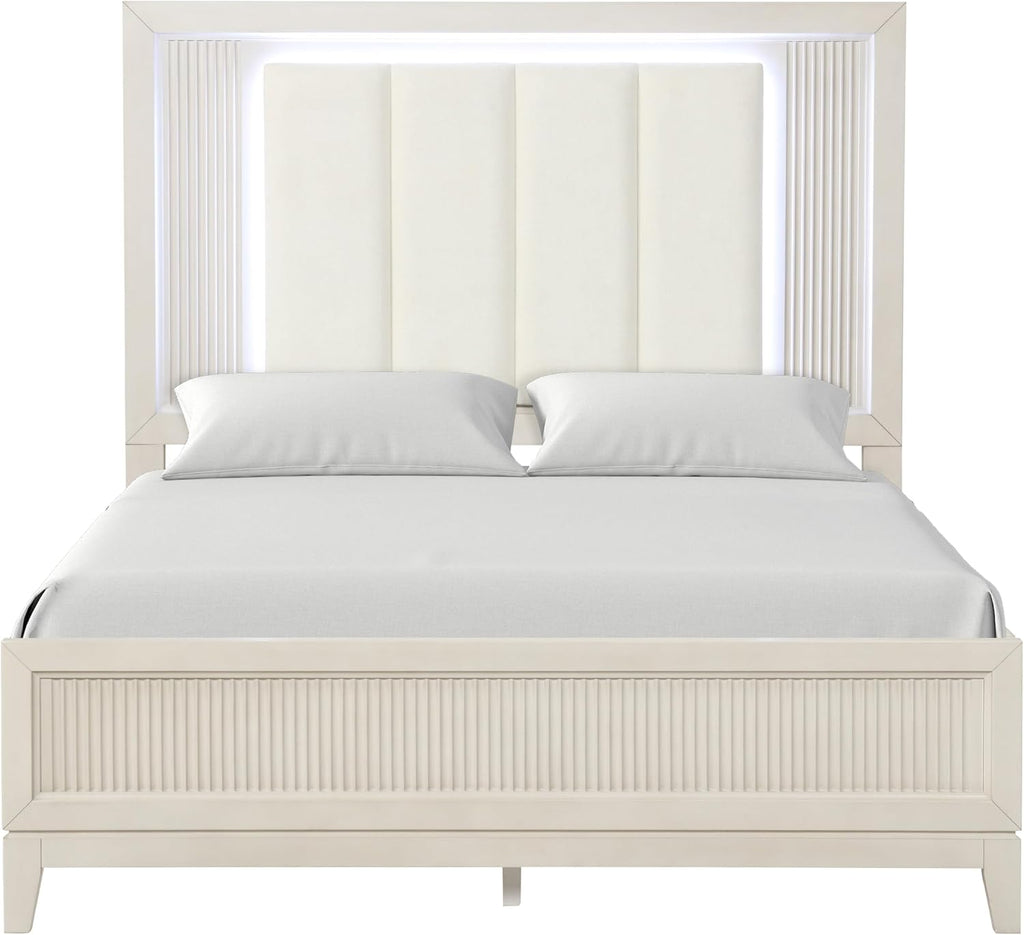 Furniture of America Oberlin Modern Solid Wood 5-Piece Bedroom Set with LED on Padded Fabric Headboard, Vertical Channel Tufting, Chrome Finger Pulls, Box Spring Needed, King, Antique White