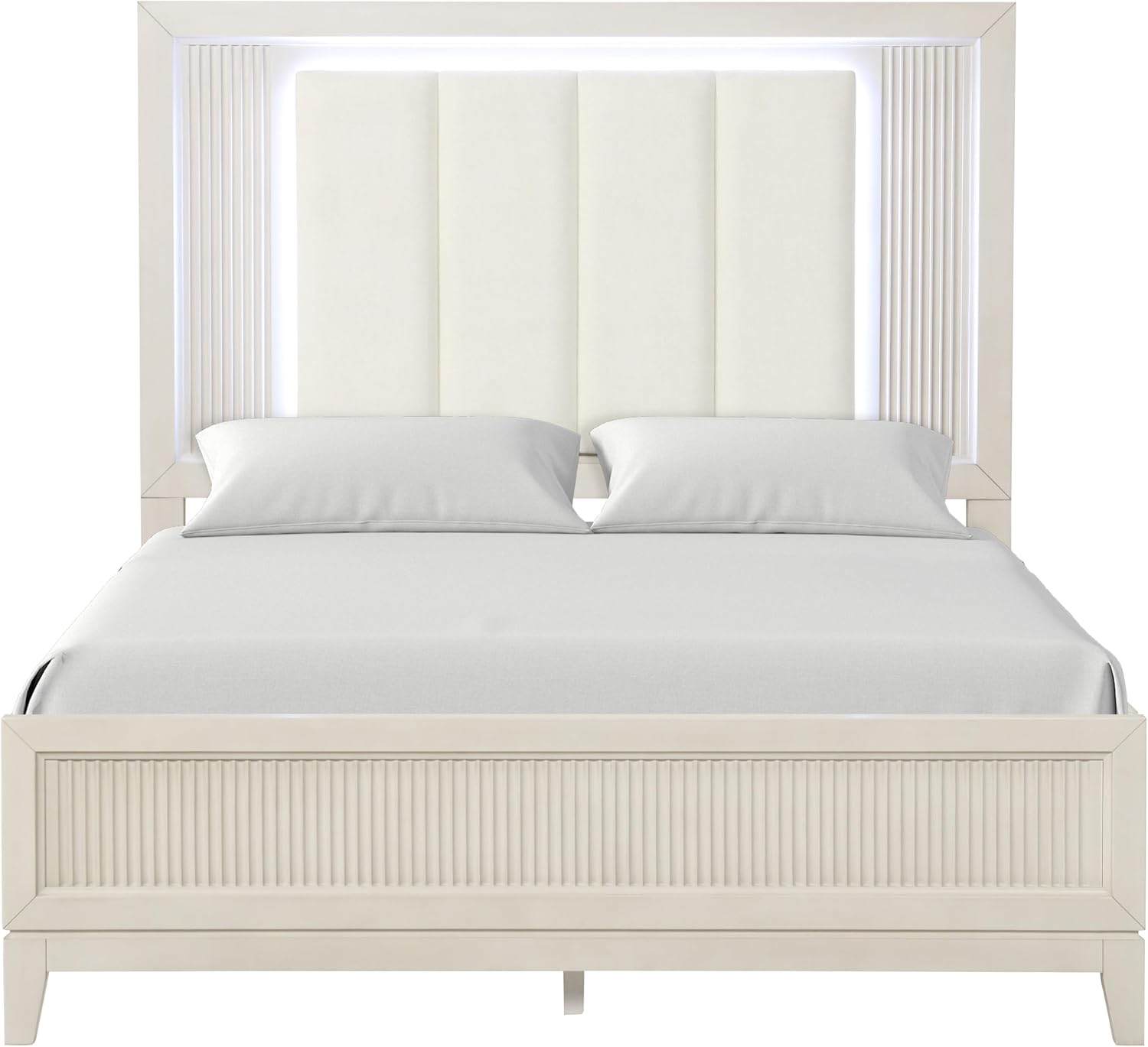 Furniture of America Oberlin Modern Solid Wood 5-Piece Bedroom Set with LED on Padded Fabric Headboard, Vertical Channel Tufting, Chrome Finger Pulls, Box Spring Needed, King, Antique White