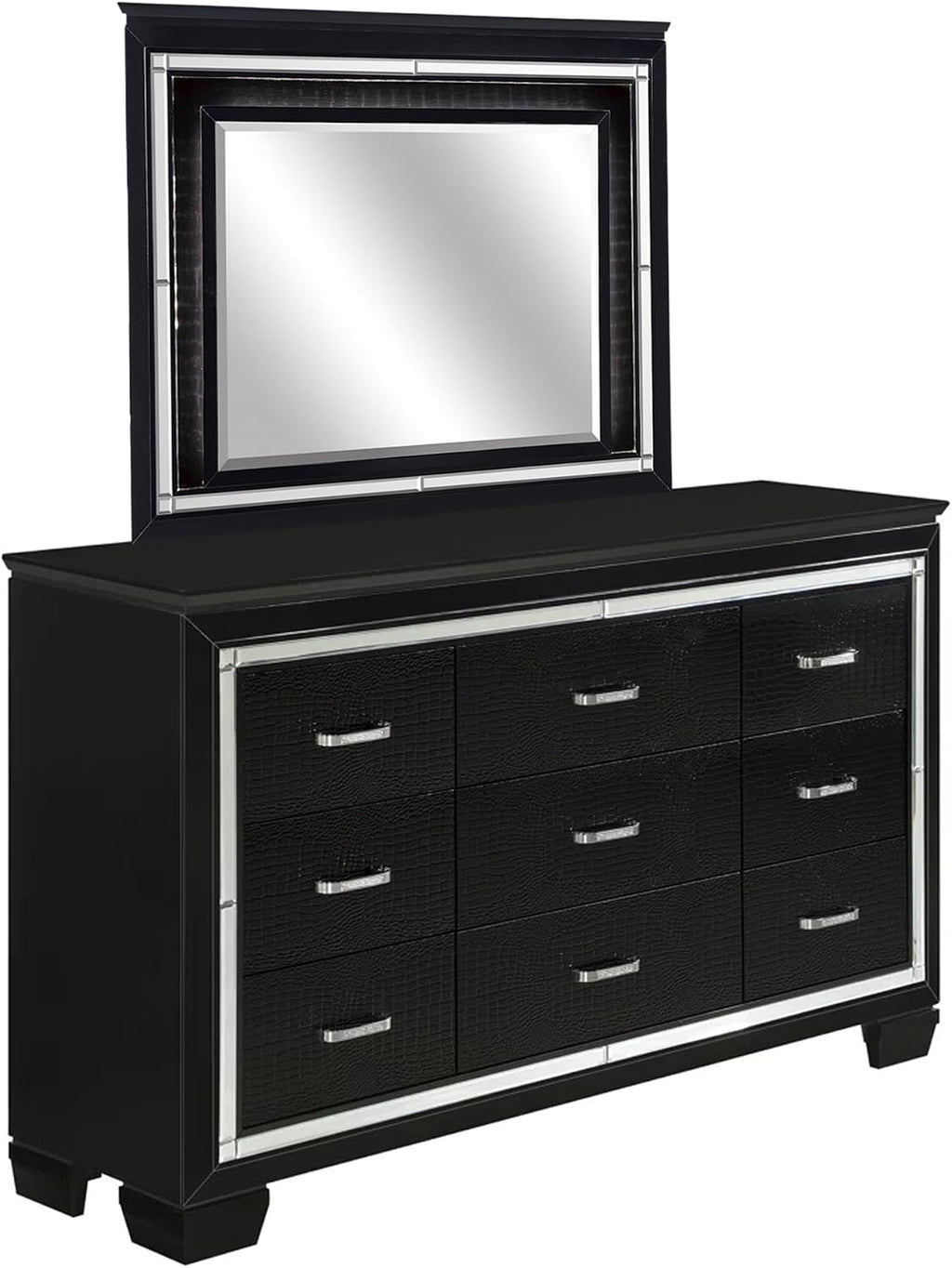 Benzara Alen 4 Pc Queen Size Bedroom Set, Button Tufting, Mirror Trim, Black