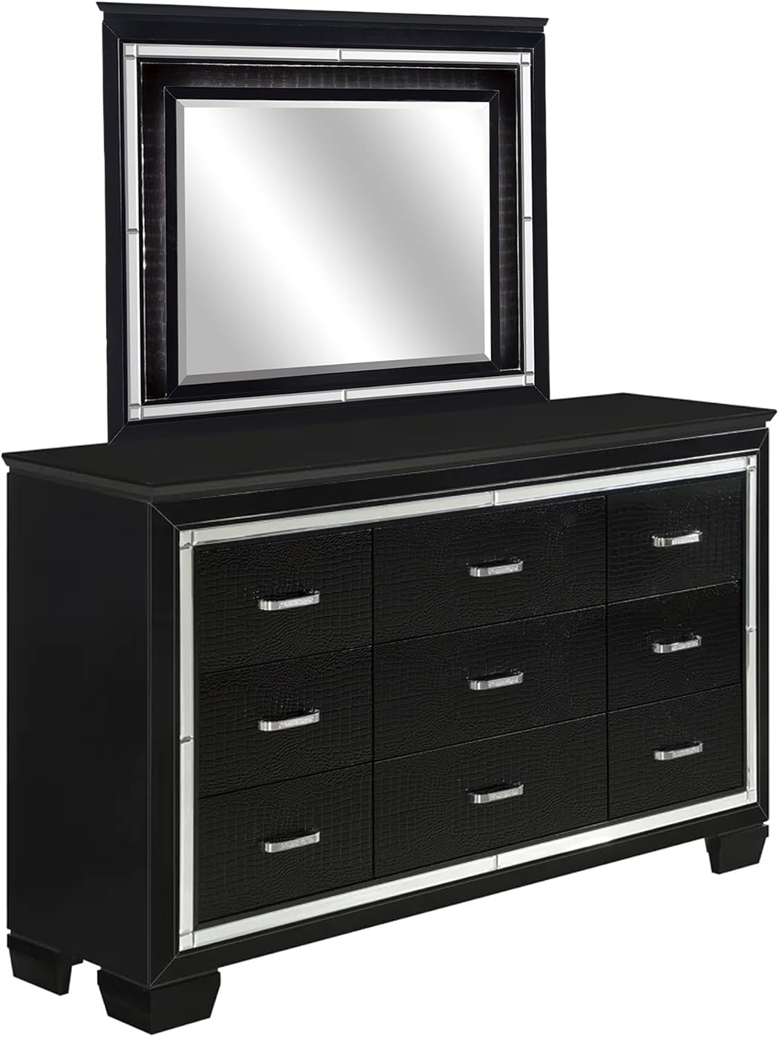 Benzara Alen 4 Pc Queen Size Bedroom Set, Button Tufting, Mirror Trim, Black
