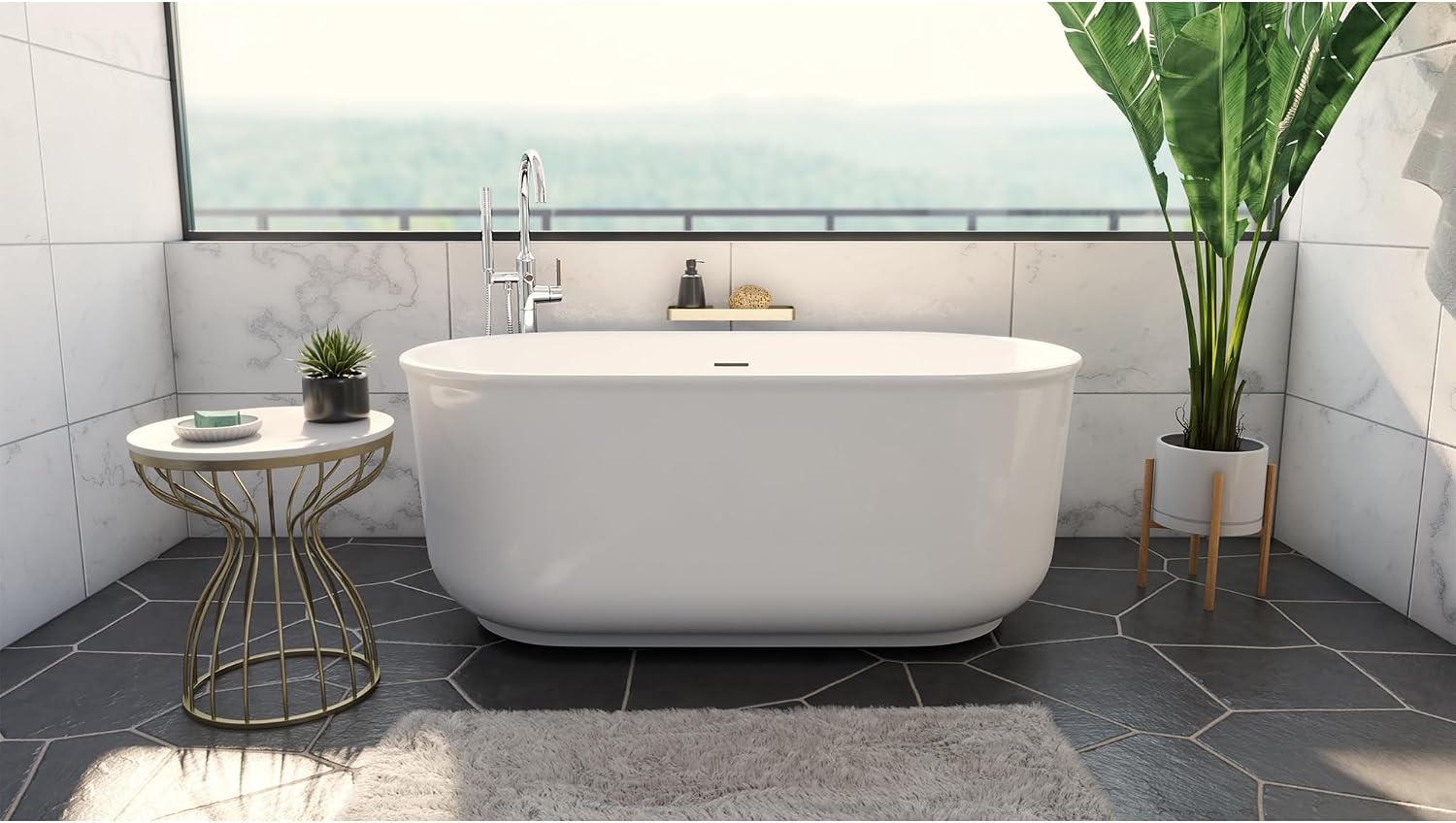 Alliance Pro 67 in. L x 31-1/2 in. W x 23-5/8 in. H Freestanding Acrylic Bathtub, Brushed Brass Drain