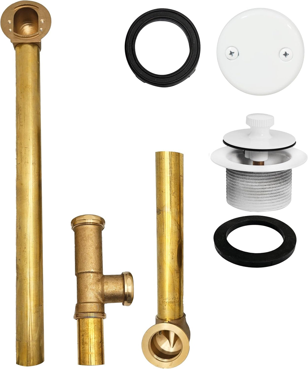 Westbrass A3264-50 22-1/2' Brass Bath Waste & Overflow Assembly with Pull Drain Plug and 2-Hole Faceplate, Powder Coat White