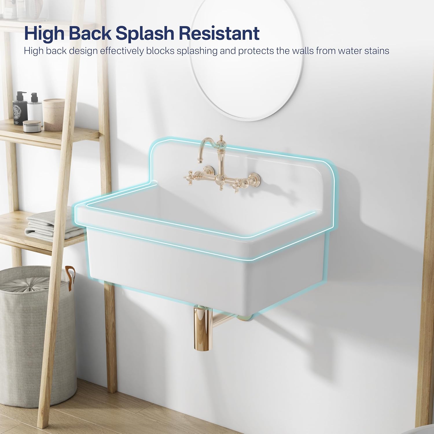 Eridanus 30 Inch Utility Sink, Wall Mount Laundry Sink, Modern Bathroom Basin, Farmhouse Kitchen Sink Drop-in, Floating Porcelain Ceramic Tub High Back for Garage, Washing Room, Workshop 30'x19'x17'