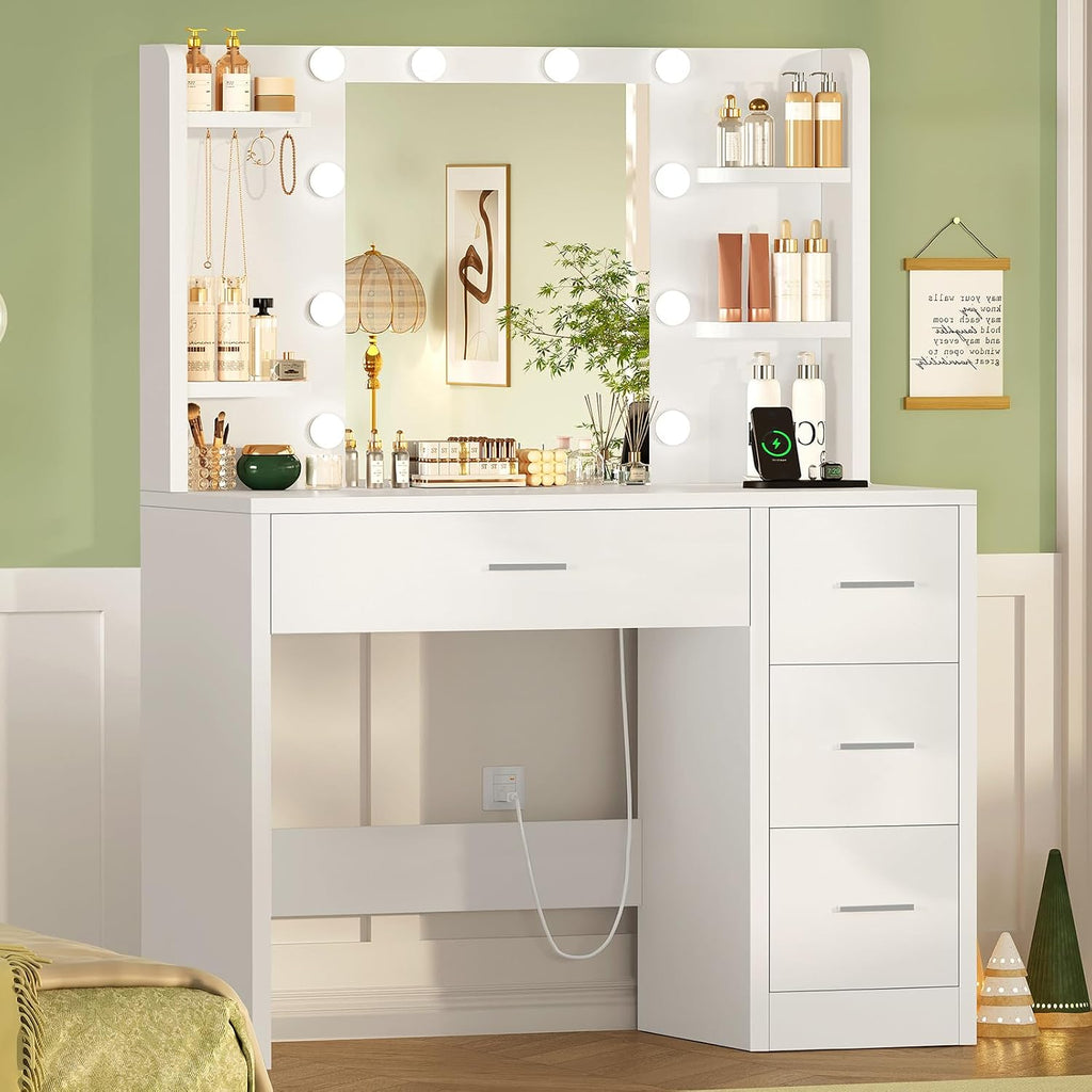 Quimoo Vanity Desk with Mirror and Lights, Makeup Vanity with Power Outlet and 4 Drawers & 6 Shelves & 5 Hooks, 3 Color Modes & Adjustable Brightness, White Vanity for Bedroom