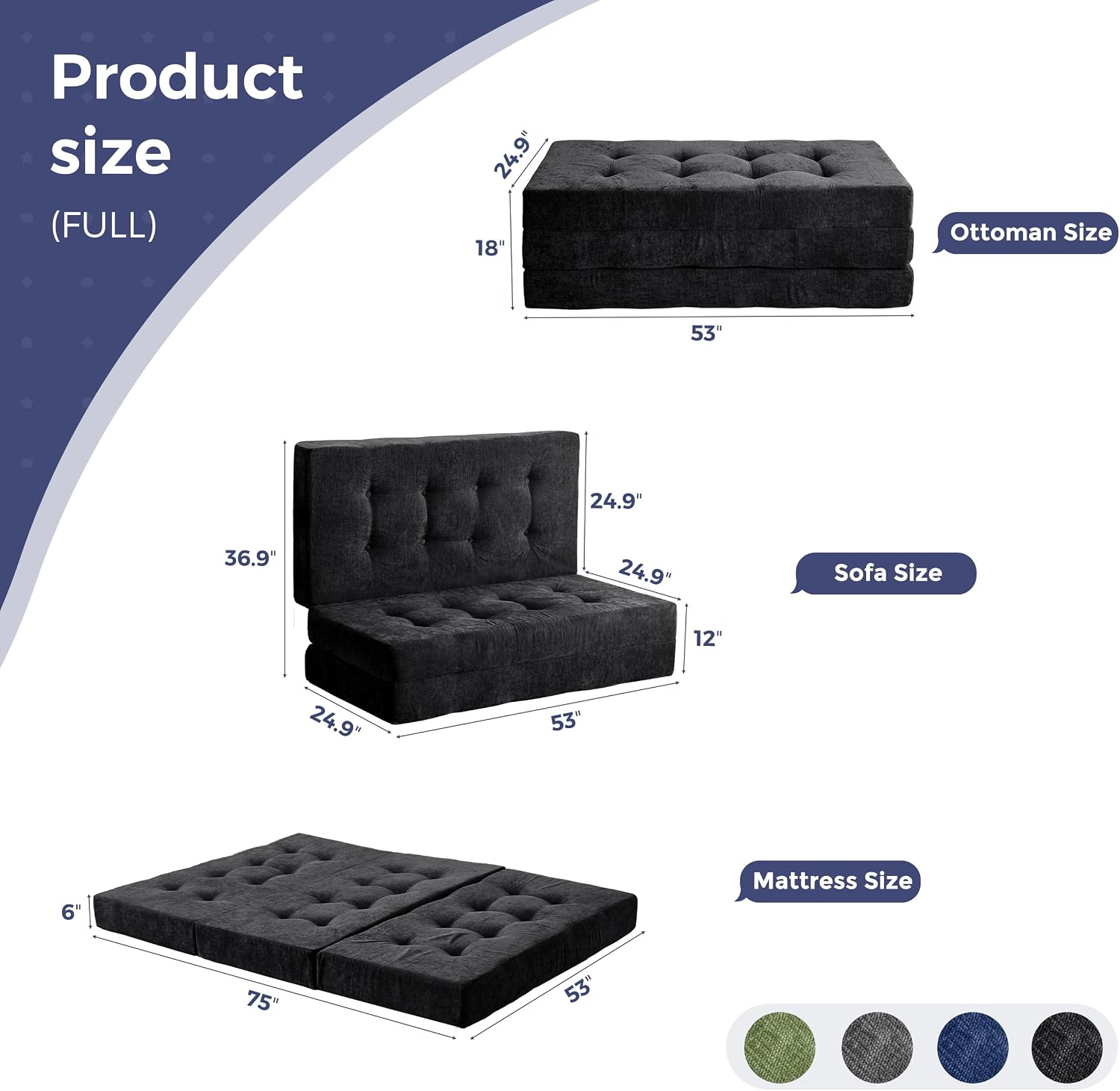 MAXYOYO 6' Folding Sofa Bed for Floor, Tufted Tri-Fold Floor Mattress with Chenille Fabric, Full Size Portable Sofa Couch Guest Mat for Adults, Foldable Topper for Camping, Black, 53'x75'