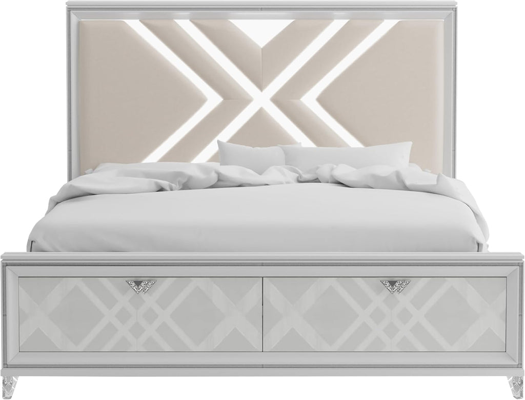 HOMES: Inside + Out Quasar Modern Wood 5-Piece Bedroom Set with LED Lights in Headboard and Mirror, USB Charger Behind Nightstand, Hidden Jewelry Drawers for Bedroom, California King, White
