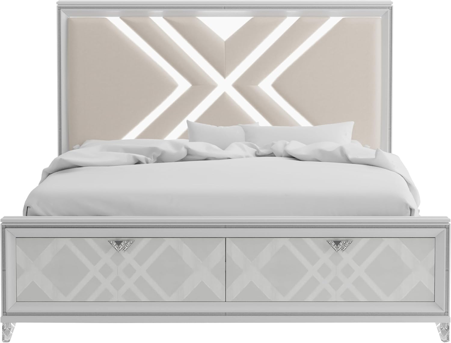 HOMES: Inside + Out Quasar Modern Wood 5-Piece Bedroom Set with LED Lights in Headboard and Mirror, USB Charger Behind Nightstand, Hidden Jewelry Drawers for Bedroom, Queen, White