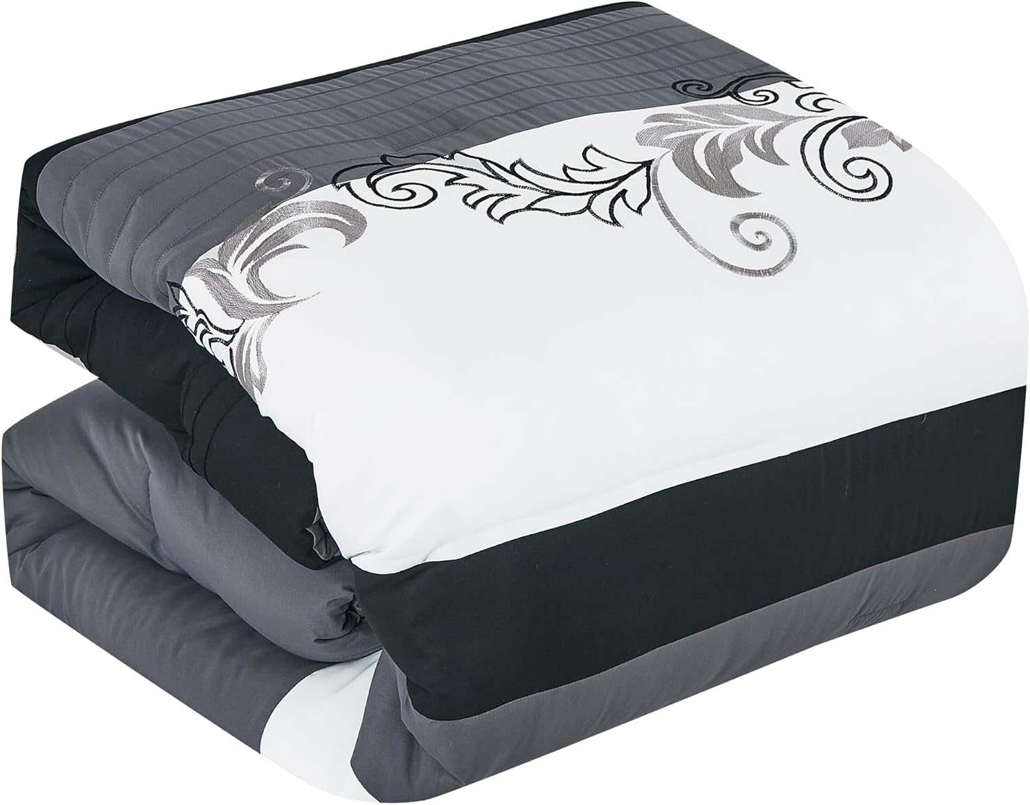Chezmoi Collection Napa 7-Piece Luxury Leaves Scroll Embroidery Bedding Comforter Set (Oversized King, Black/Gray/White)