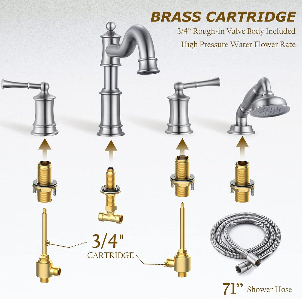 Roman Bathtub Faucet Set With Hand Shower 4 Hole Deck Mount Tub Filler With Diverter, 2 Lever Handle Rough-in Valve and Water Supply Lines Included for Bathroom Tub, Brushed Nickel