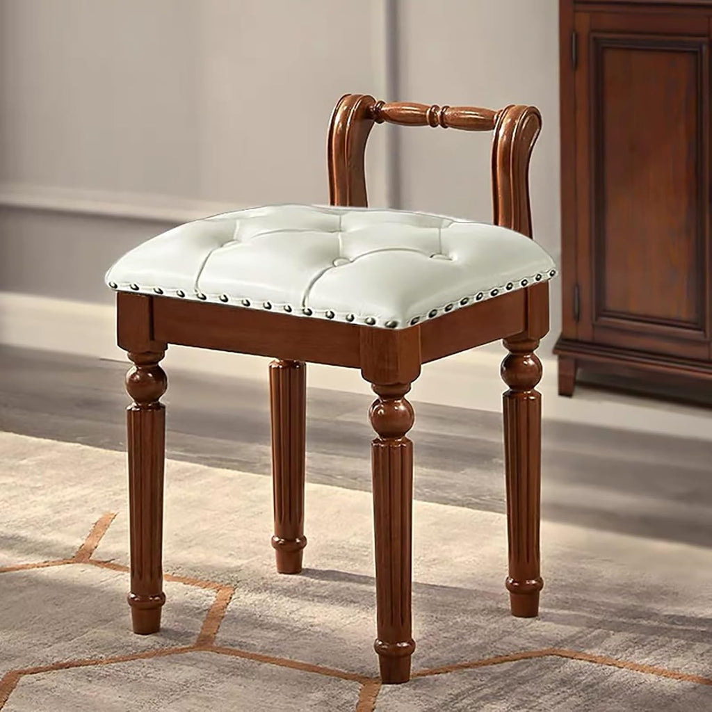Low Back Vanity Bench Stool with Padded Cushion, Leather Retro Makeup Stool, Solid Wood Carving Legs, Piano Bench for Makeup Room, Bedroom, Living Room (Walnut + White)