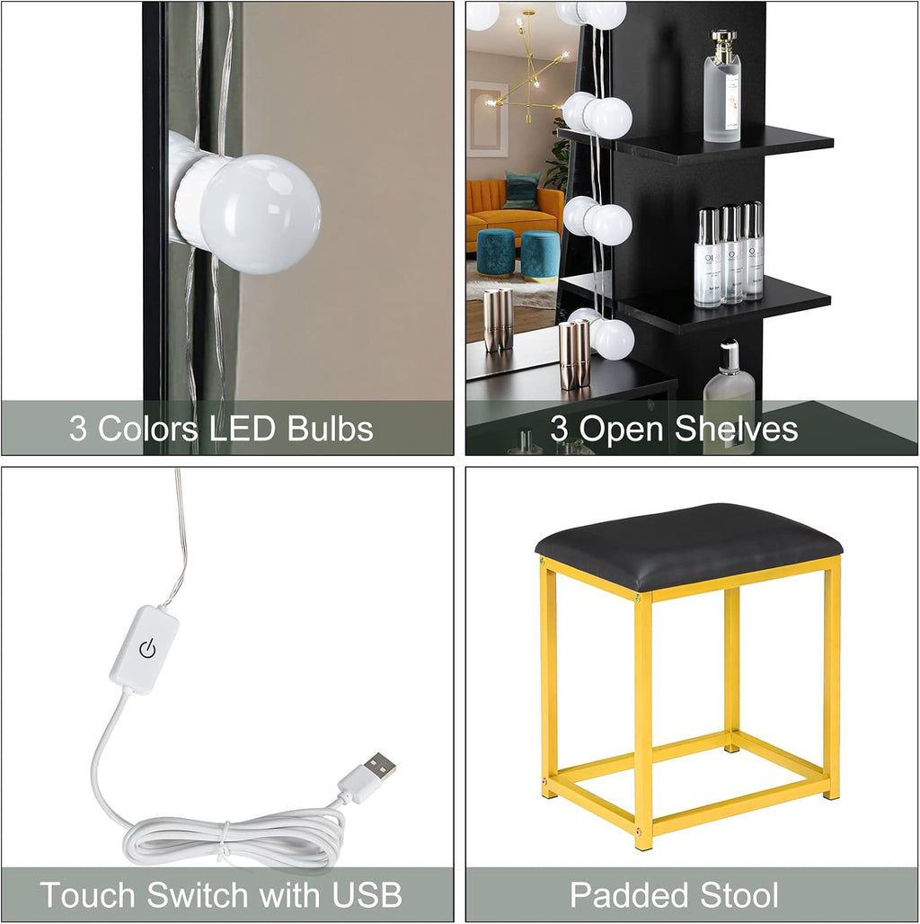 VINGLI Large Vanity Set with Lighted Mirror,Modern Makeup Vanity Table Set with LED Lights in 3 Colors,Bedroom Dressing Table with 2 Large Drawers and Storage Shelves for Women,Black&Gold