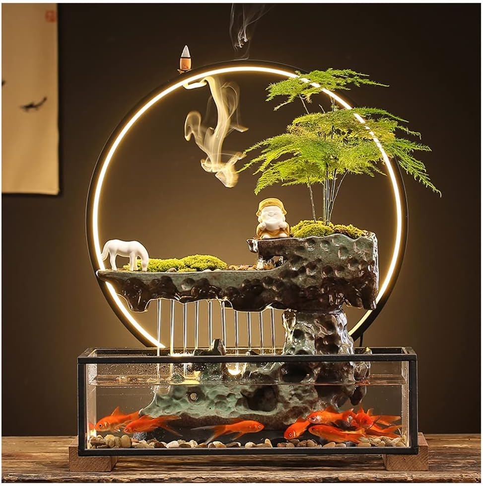 Waterfall Tabletop Fountain Flowing Water Lucky Ornament with Glass Aquarium and Lamp Ring Home Office Tabletop Decoration Indoor Fountain (Color : C)