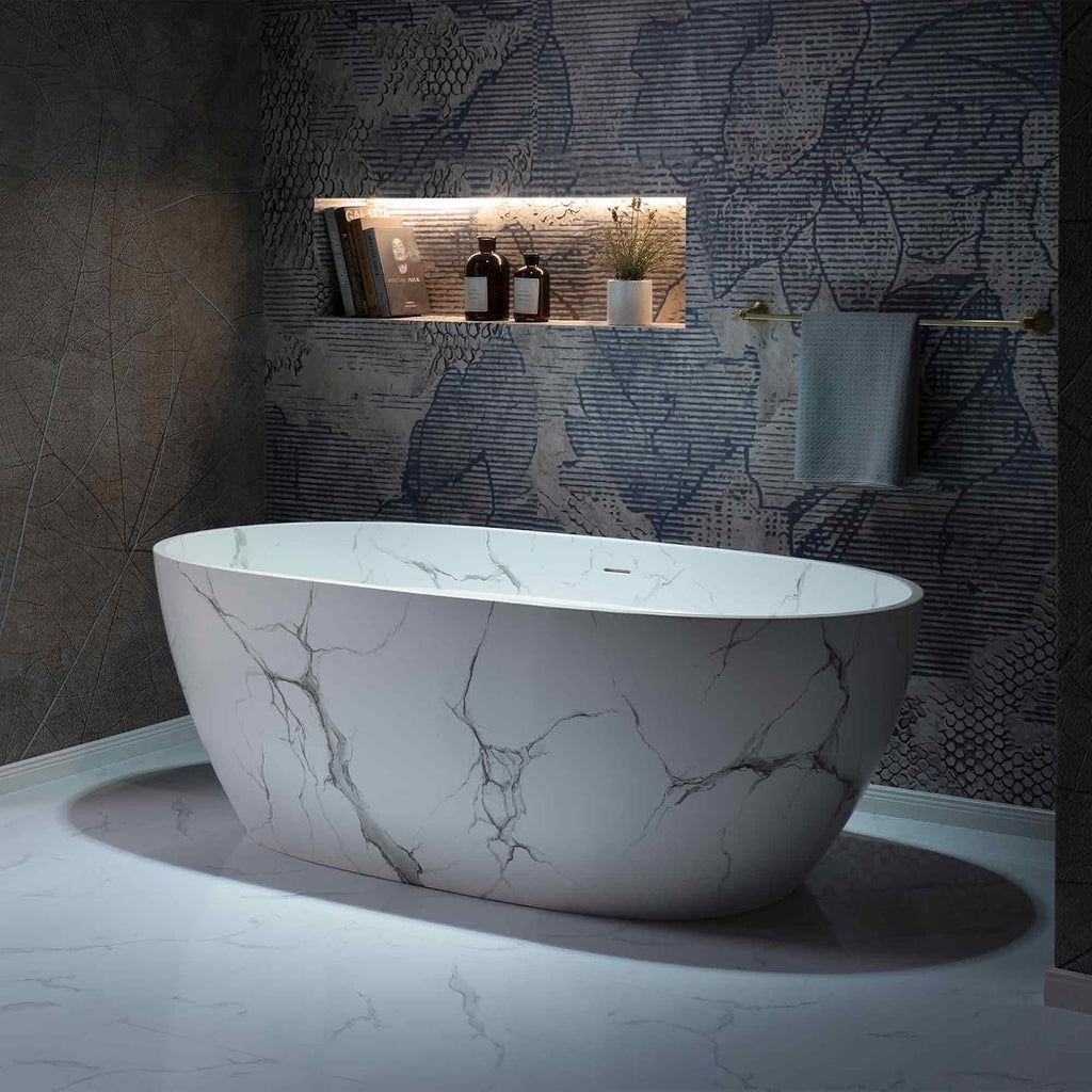 WOODBRIDGE 63' Marble-Pattern Stone Resin Freestanding Soaking Tub, Modern Oval Solid Surface Bathtub with Integrated Slotted Overflow & Drain, Matte Finish, CST0744