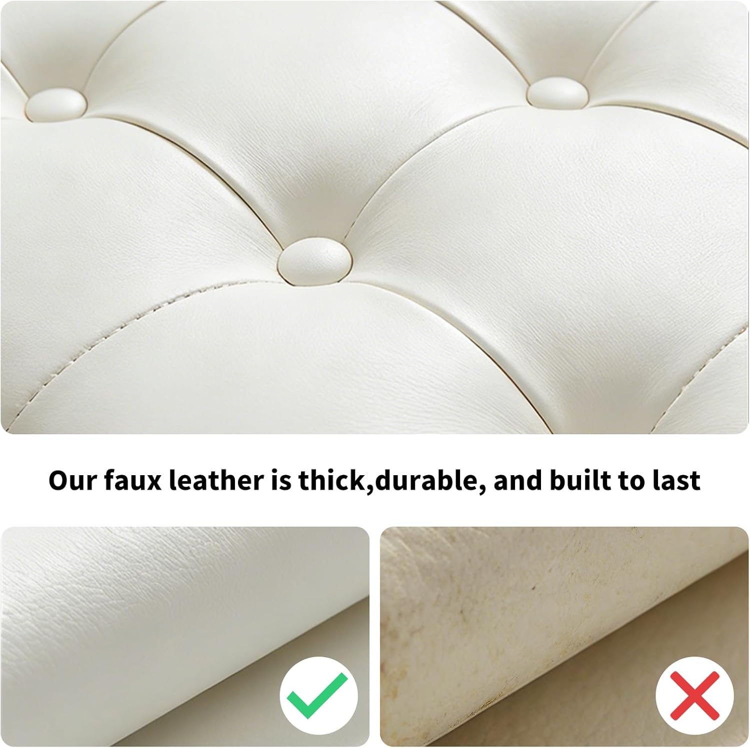 Vanity Stool with White Faux Leather Cushion, Small Vanity Bench-Tufted Leatherette Seat with Nailhead Trim & Button-Tufted Design,Solid Wood Legs with Carved Detail, Backless Makeup Stool for Bedroom