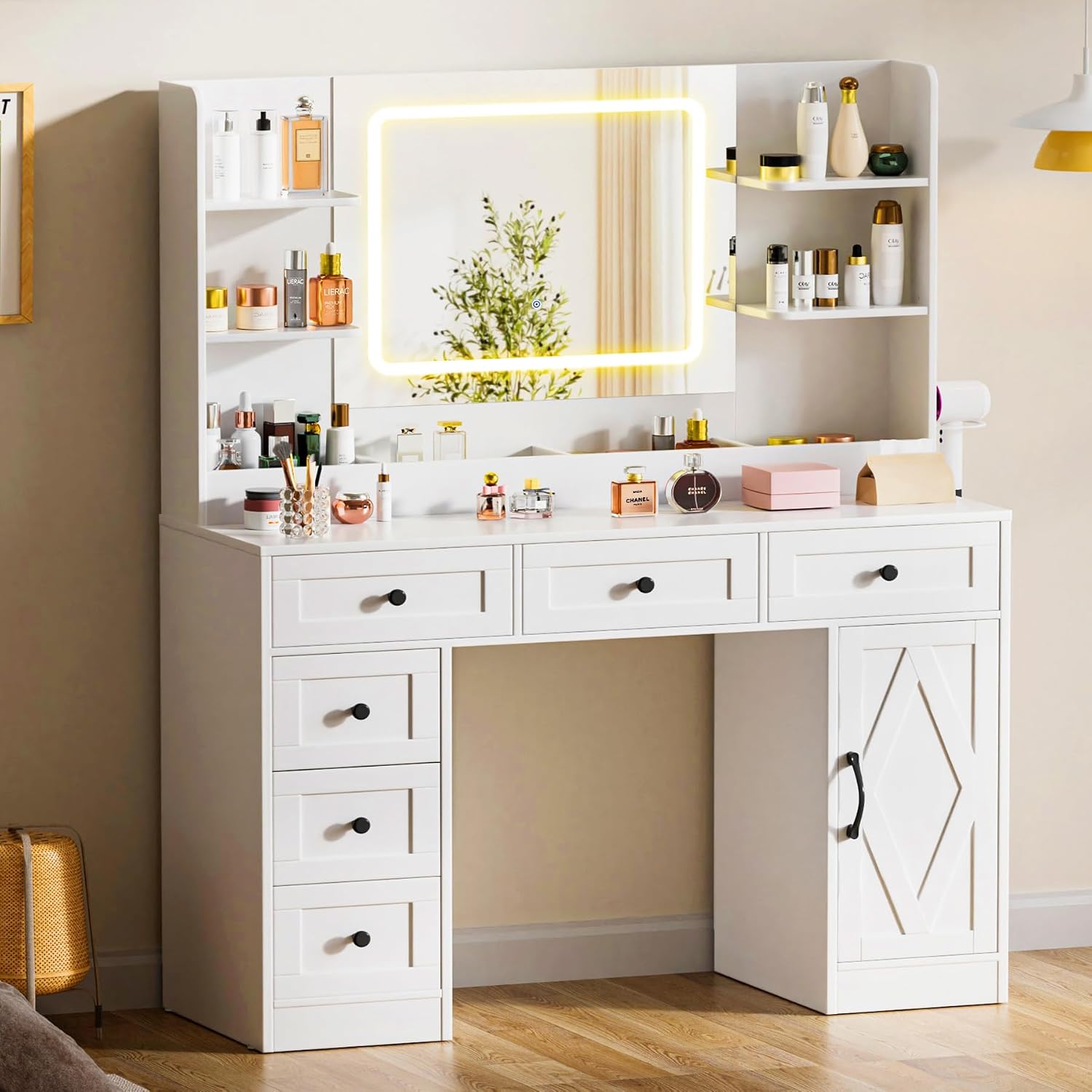 COMHOMA Makeup Vanity Desk with Mirror and Lights, Large Vanity Table with 6 Drawers & 1 Storage Cabinet, White Bedroom Dresser Table for Girls, 3 Color Modes Adjustable Mirror, White