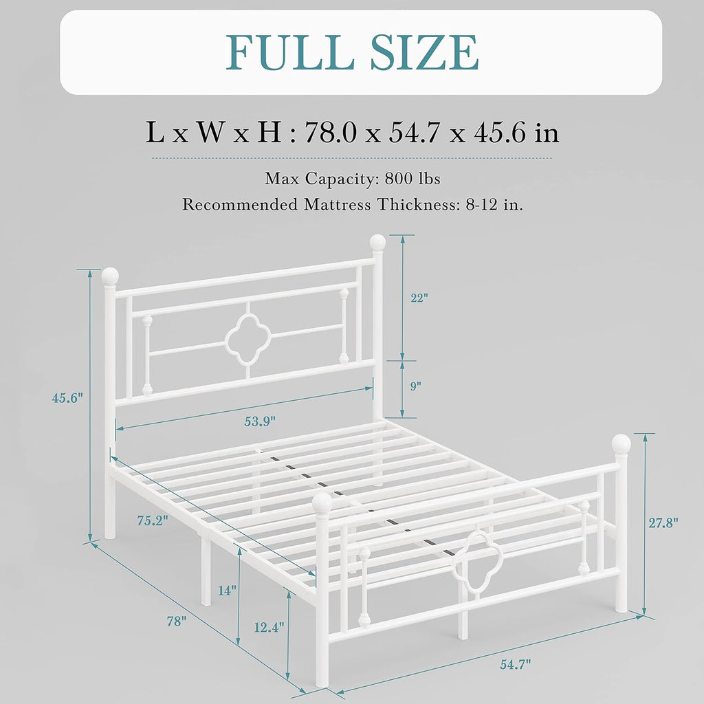 HOOMIC 14 Inch Full Size Metal Platform Bed Frame, Vintage Victorian Style, Wrought Iron Headboard and Footboard/Mattress Foundation for Storage/No Box Spring Required/Easy Assembly/White