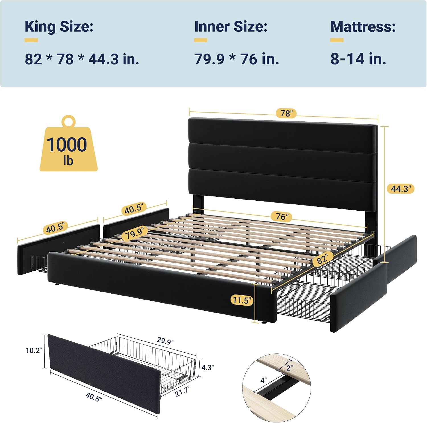 Allewie Modern King Size Platform Bed Frame with 4 Storage Drawers and Velvet Upholstered Headboard, Wooden Slats Support, Upholstered Mattress Foundation/No Box Spring Needed/Easy Assembly, Black