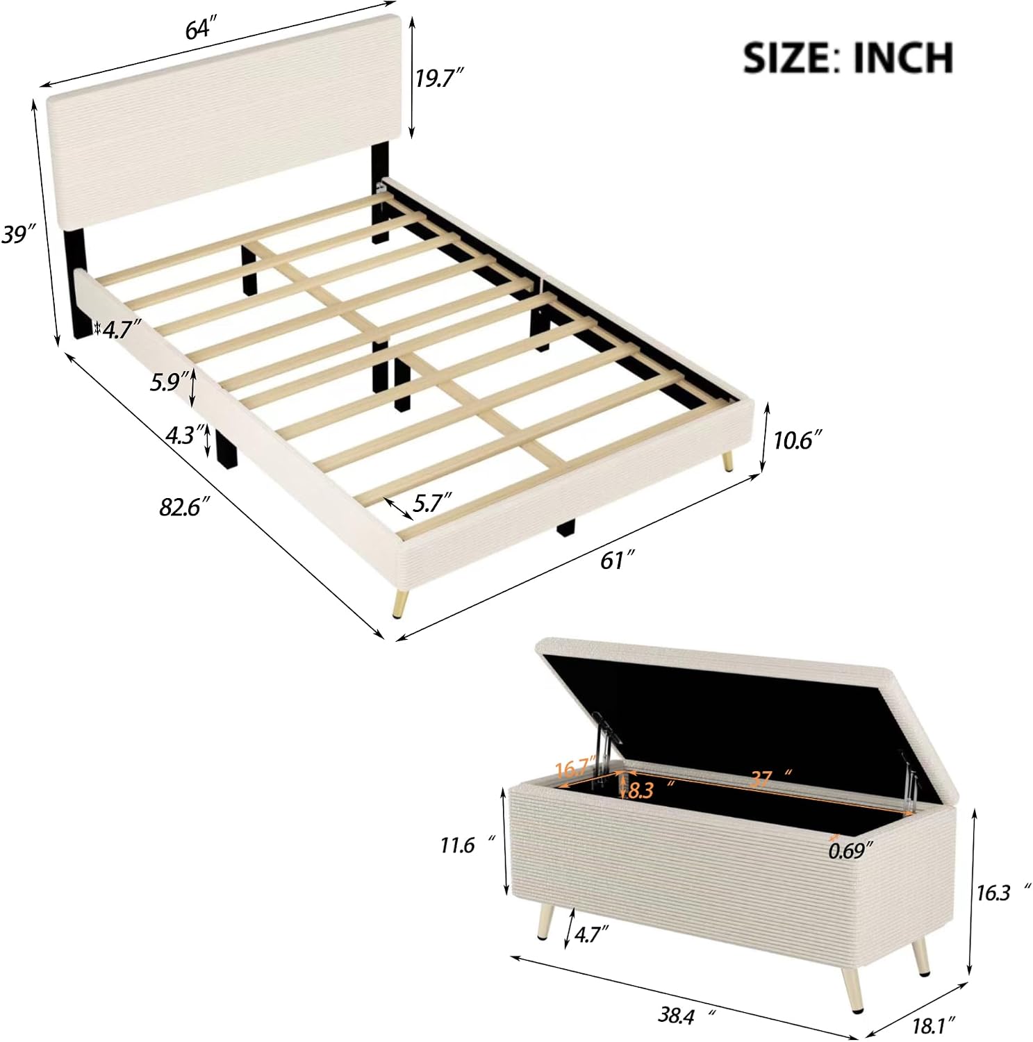Modern 2-Pieces Bedroom Sets, Corduroy Queen Size Platform Bed with Storage Ottoman, Upholstered Platform Bed Frame with Horizontal Stripe Headboard and Metal Legs, Sturdy Slats Support (Beige-D)