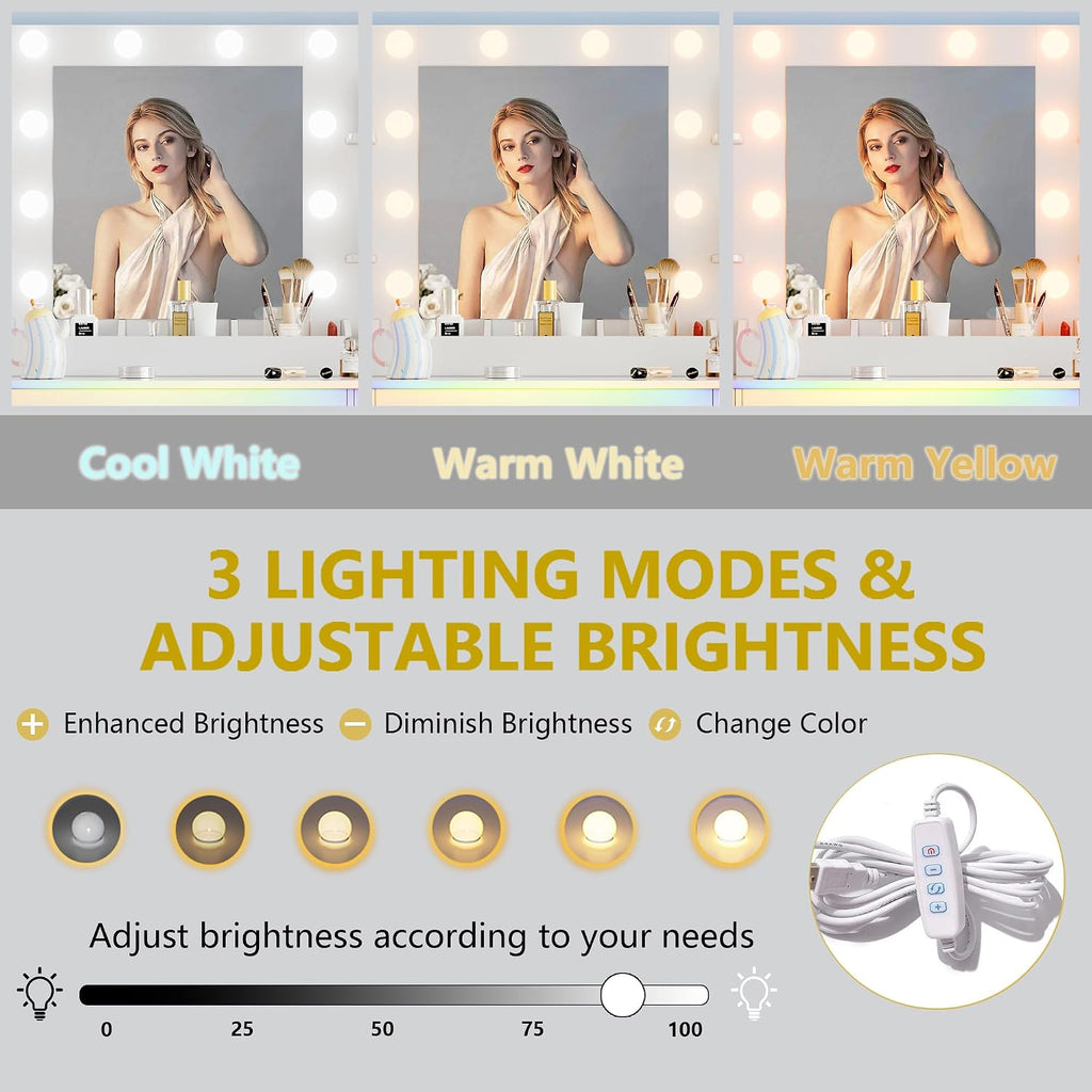 Vanity Desk with Mirror and Lights, 43'' Makeup Dressing Table Set with 5 Drawers & Power Outlet, 3 Lighting Modes Brightness Adjustable, Vanity with RGB Ambient Light for Women Girls Bedroom, White
