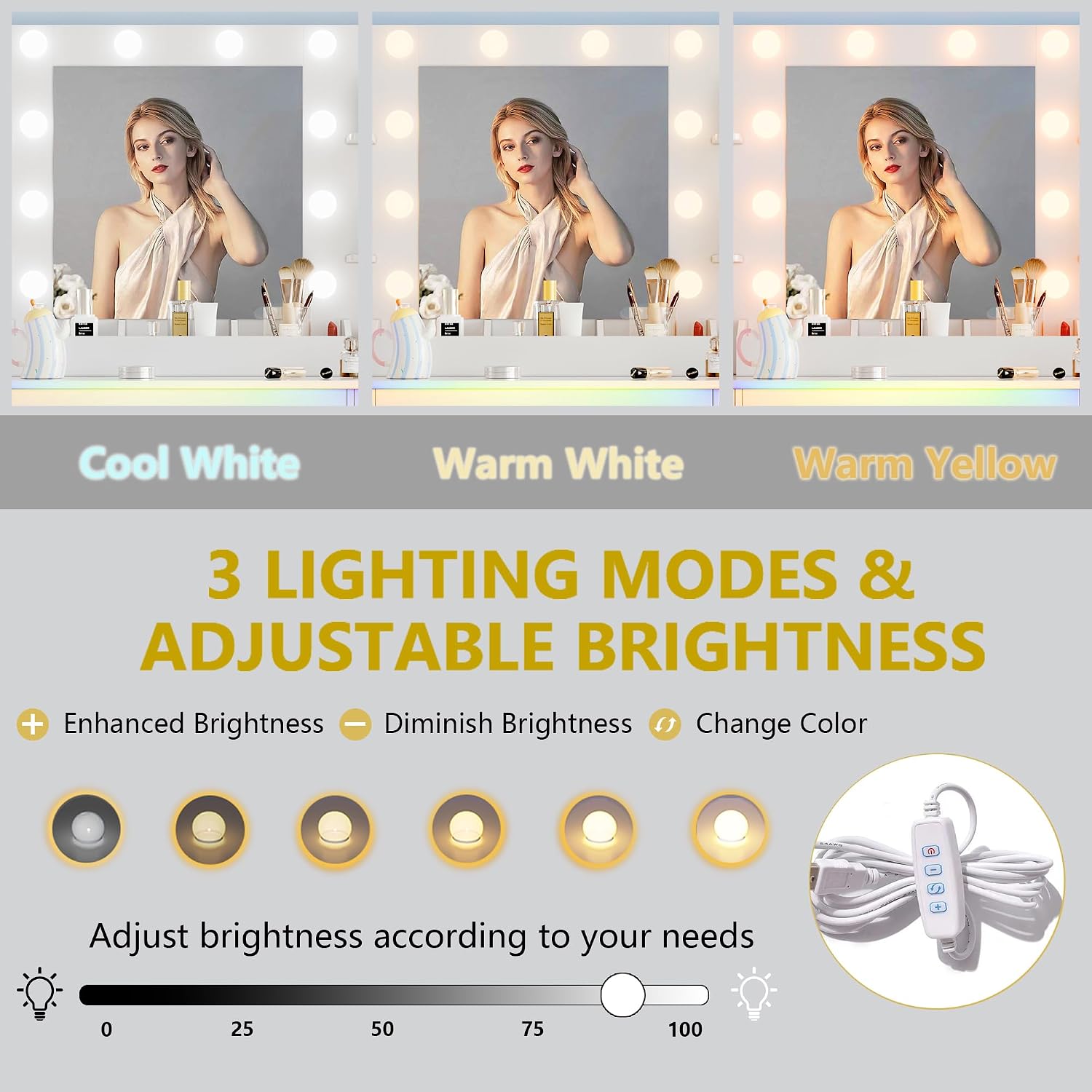 Xixini Vanity Desk with Mirror and Lights, 43'' White Makeup Dressing Table Set with 5 Drawers & Chair, Power Outlet, 3 Lighting Modes Adjustable Brightness & RGB LED for Women Girls Bedroom Bathroom
