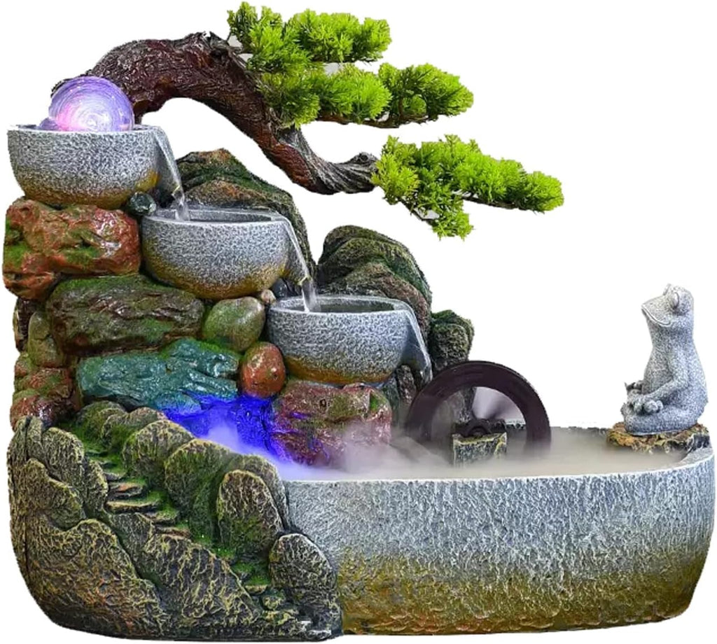 Tabletop Fountain Indoor Desktop Fountain Waterfall Zen Meditation Feature with Automatic Pump Artificial Trees and Illuminated for Home Office Bedroom Desk Décoration(Large)