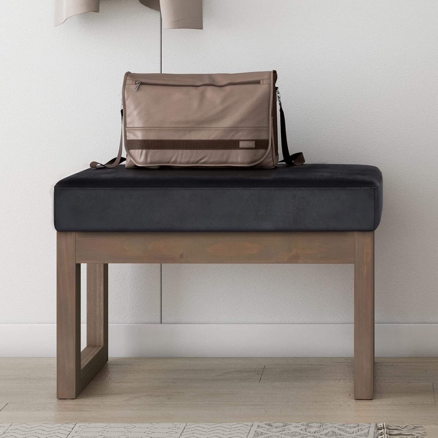 SIMPLIHOME Milltown Small Ottoman Bench - 27' Wide x 18' High Upholstered Vegan Leather Rectangle Footstool Ottoman in Distressed Black, Contemporary Bench for Bedroom with Cushioned Seat, Assembled
