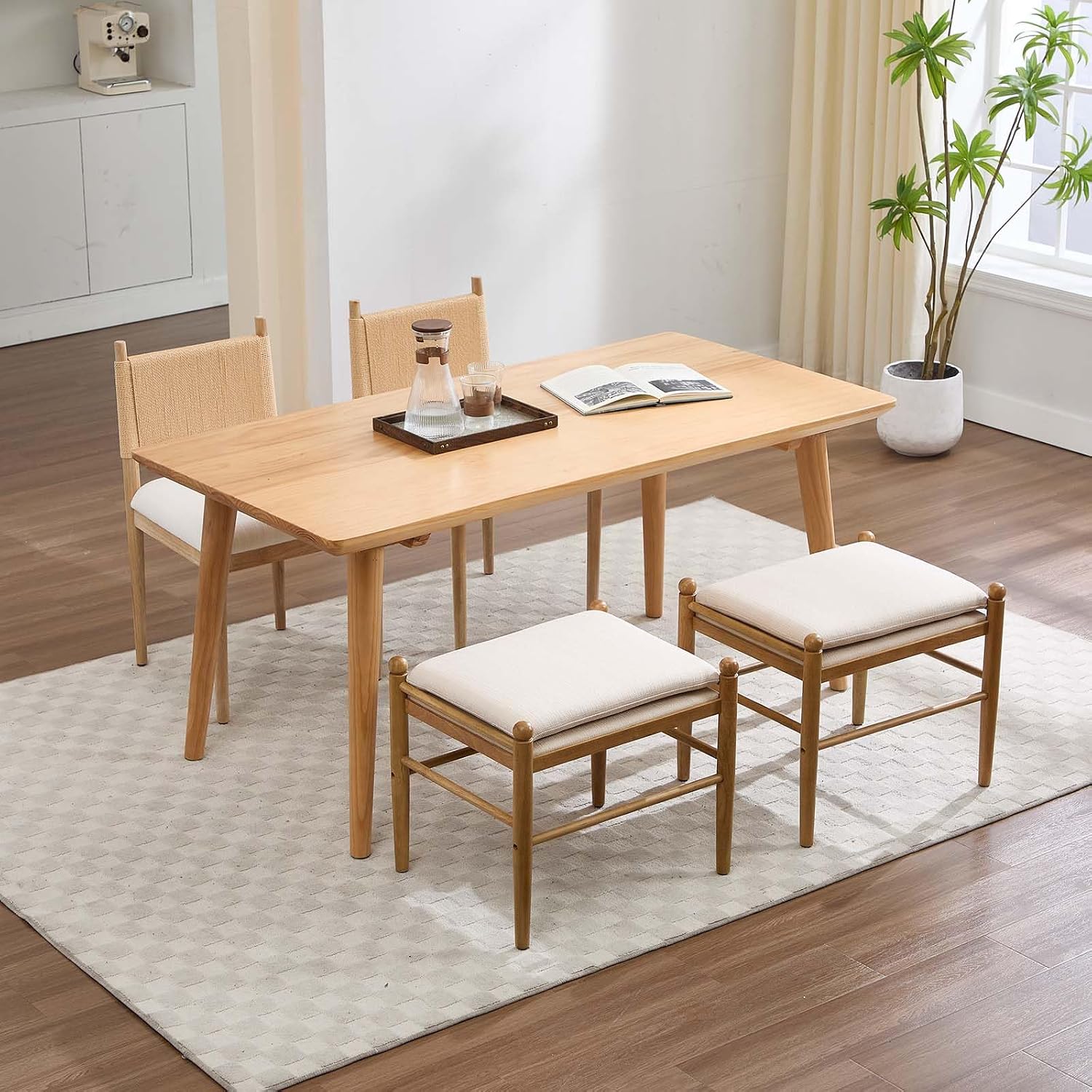 Kmax Ottoman Bench, 19 Inch Tall Vanity Chairs No Wheels, Upholstered Ktichen Chairs Backless Farmhouse Wooden Side Chairs for Dining Room, Extra Seating for Living Room - Linen, Beige