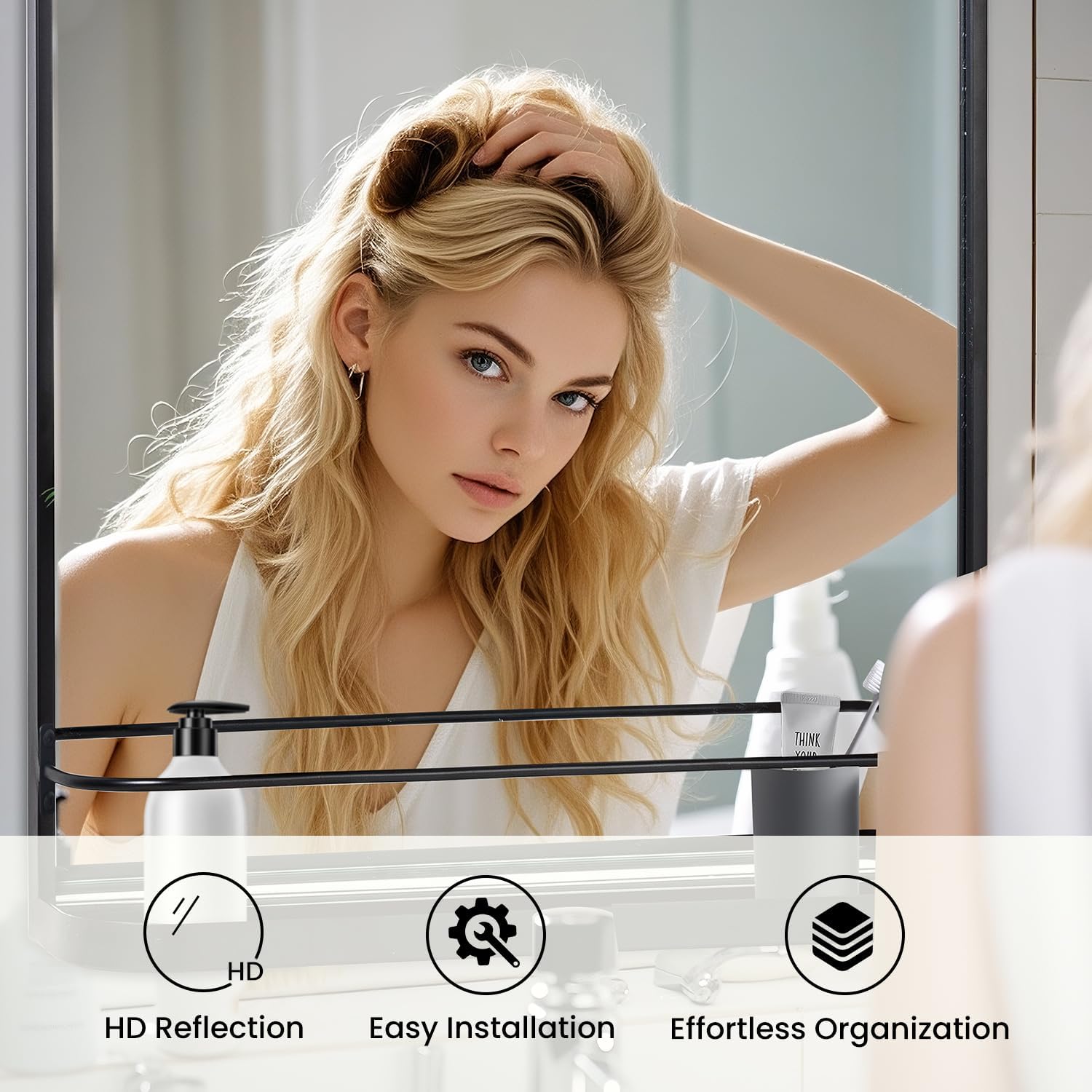 VASUHOME Black Bathroom Mirror with Shelf, 26'x38' Wall Mounted Vanity Mirror with Metal Frame & Rounded Corners, Storage Shelf for Bathroom, Bedroom, Living Room, Entryway