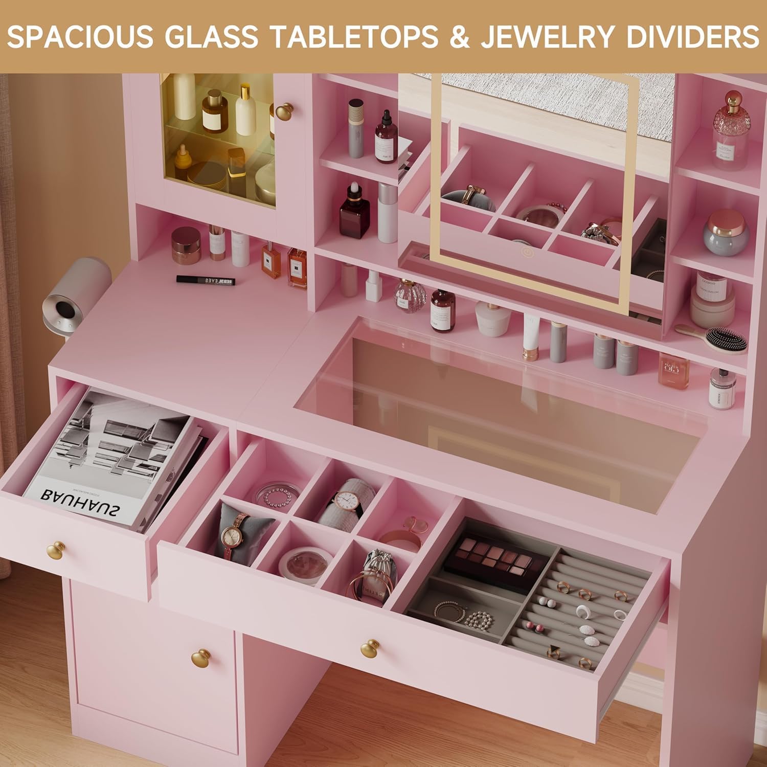 Vanity Desk with LED Lighted Mirror and Jewelry Organizer & Glass Top and Charging Station, Makeup Vanity with 3 Drawers and 2 Storage Cabinets & Hidden Compartment, Dressing Table for Bedroom, Pink