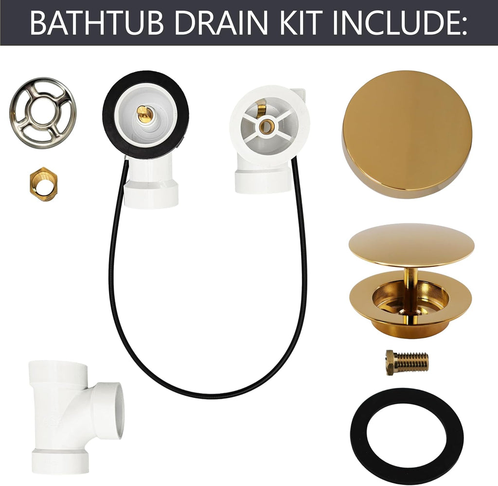 Westbrass D50P27SRE-01 27' Cable Drive Bathtub Drain Trim with Rotary Overflow Cover Knob, Pop-Up Stopper Sch. 40 PVC Fittings, Polished Brass