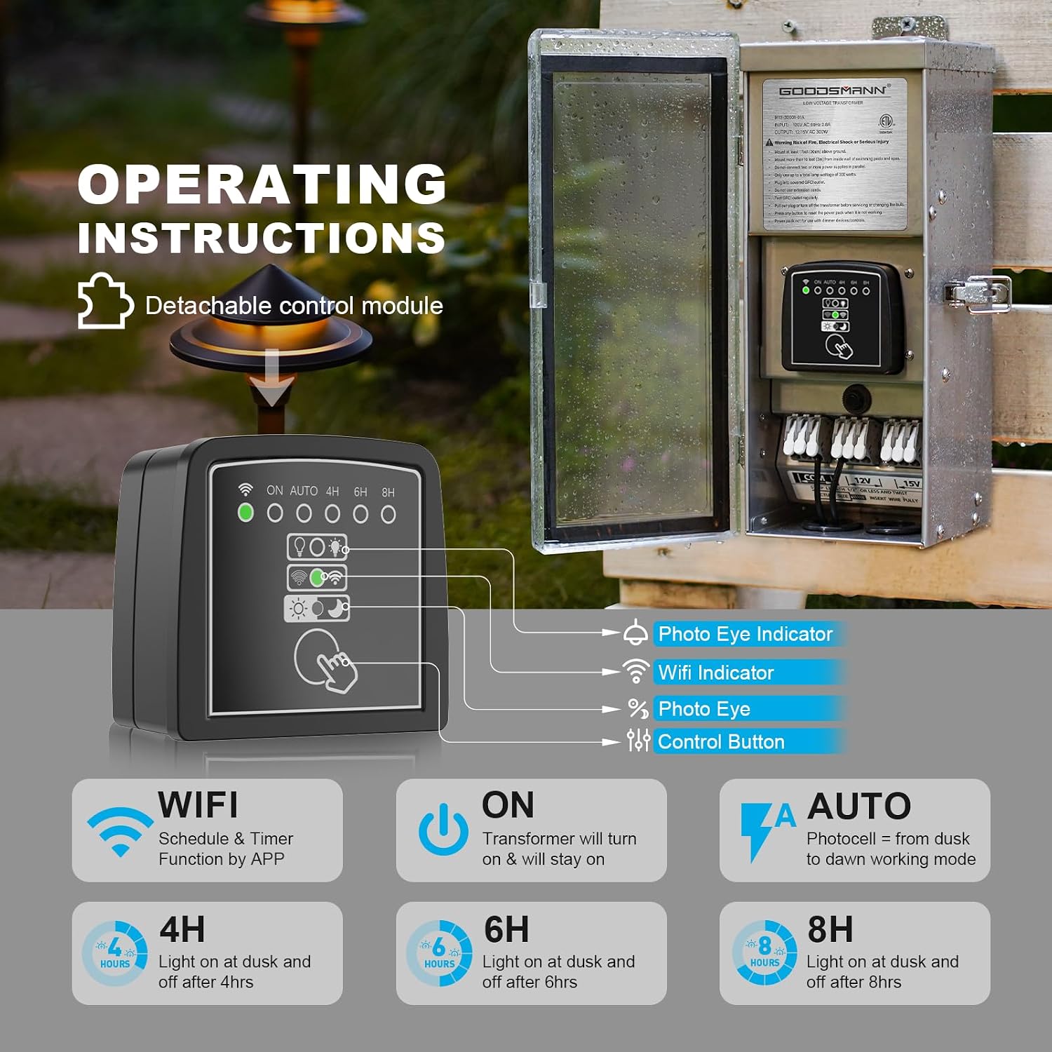 GOODSMANN Low Voltage Transformer WiFi 2.4GHz 300W Smart Landscape Lighting Transformer with Photocell Sensor, 120V AC to 12V or 15V AC Multi Tap Outdoor Stainless Steel Weatherproof Transformer