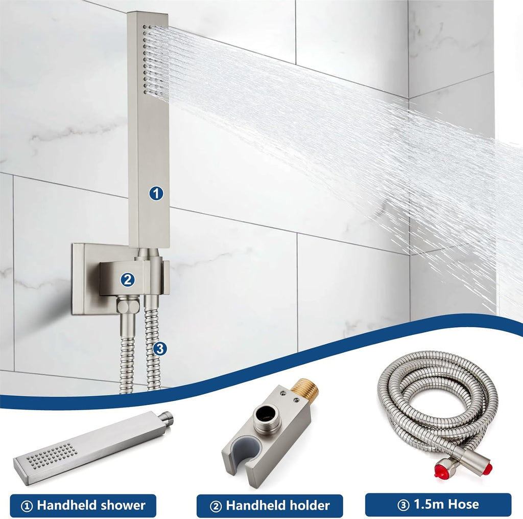 Midanya Brushed Nickel Single Handle Slotted Waterfall Vanity Bathroom Sink Faucets with 10 Inch Brushed Nickel Rain Shower System Tub Shower Faucet Set Square Rainfall Shower Head